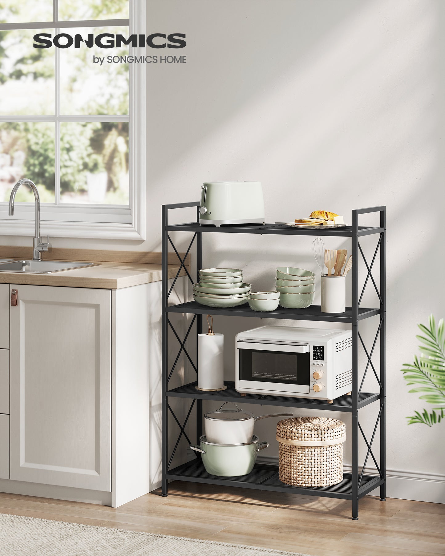 4-Tier Metal Storage Rack, Shelving Unit with X Side Frames, Dense Mesh, 12.6 x 31.5 x 44.3 Inches, for Entryway, Kitchen, Living Room, Bathroom, Industrial Style, Ink Black