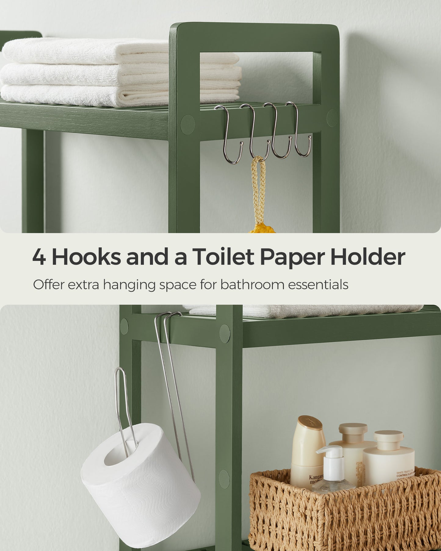 SONGMICS 3-Tier Over The Toilet Storage Bamboo Over Toilet Bathroom Organizer Forest Green
