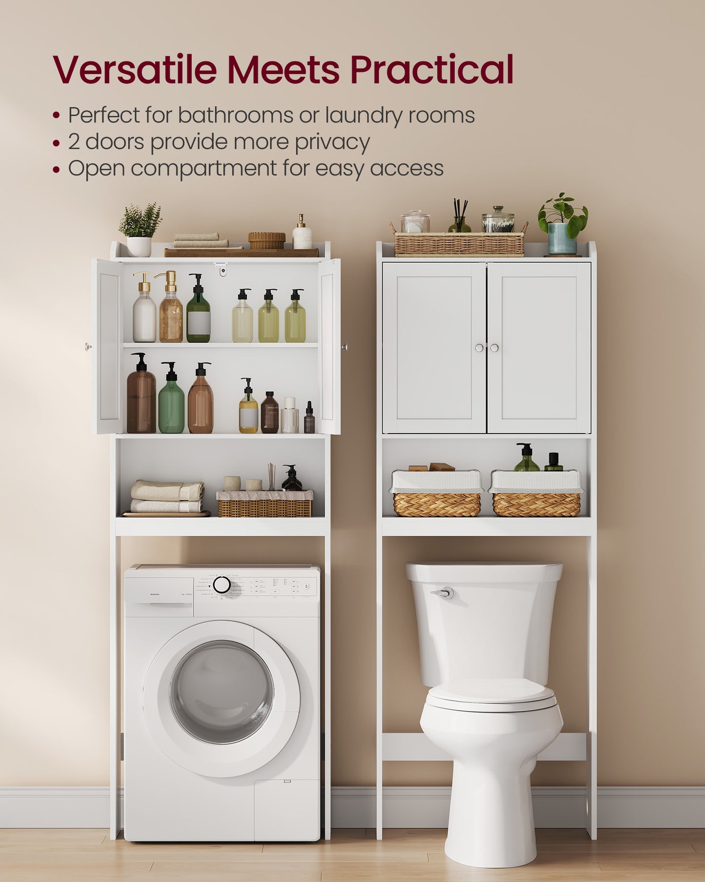 VASAGLE Over the Toilet Storage Cabinet, Bathroom Storage Cabinet with Doors, Adjustable Shelves, Space-Saving, 7.9 x 24.6 x 70 Inches, Cloud White