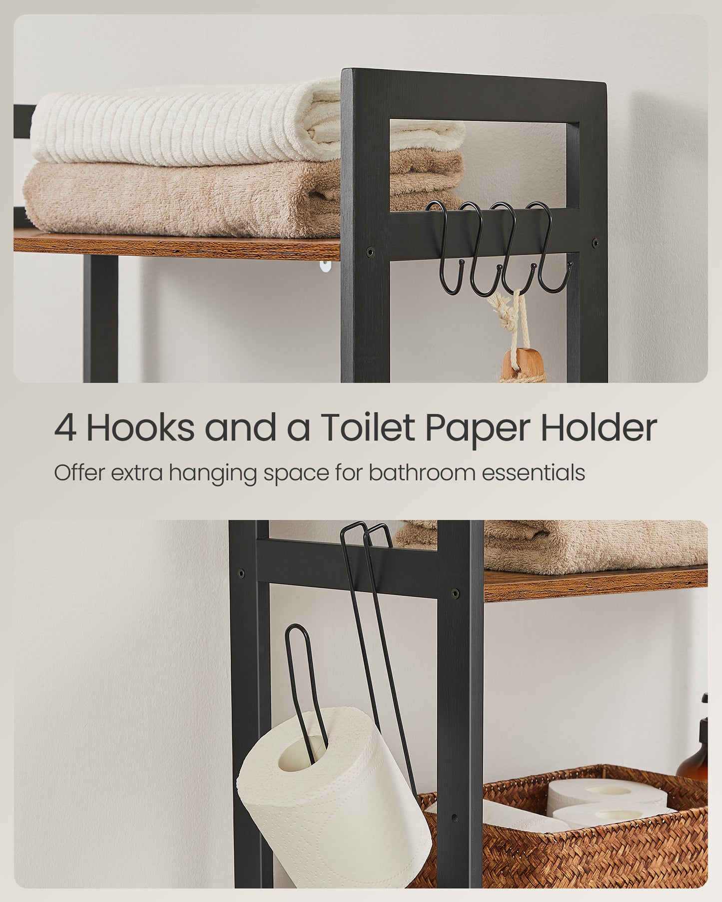 SONGMICS Over-The-Toilet Storage, 3-Tier Bathroom Organizer Over Toilet with Adjustable Shelves,Toilet Paper Holder, Rustic Brown and Ink Black