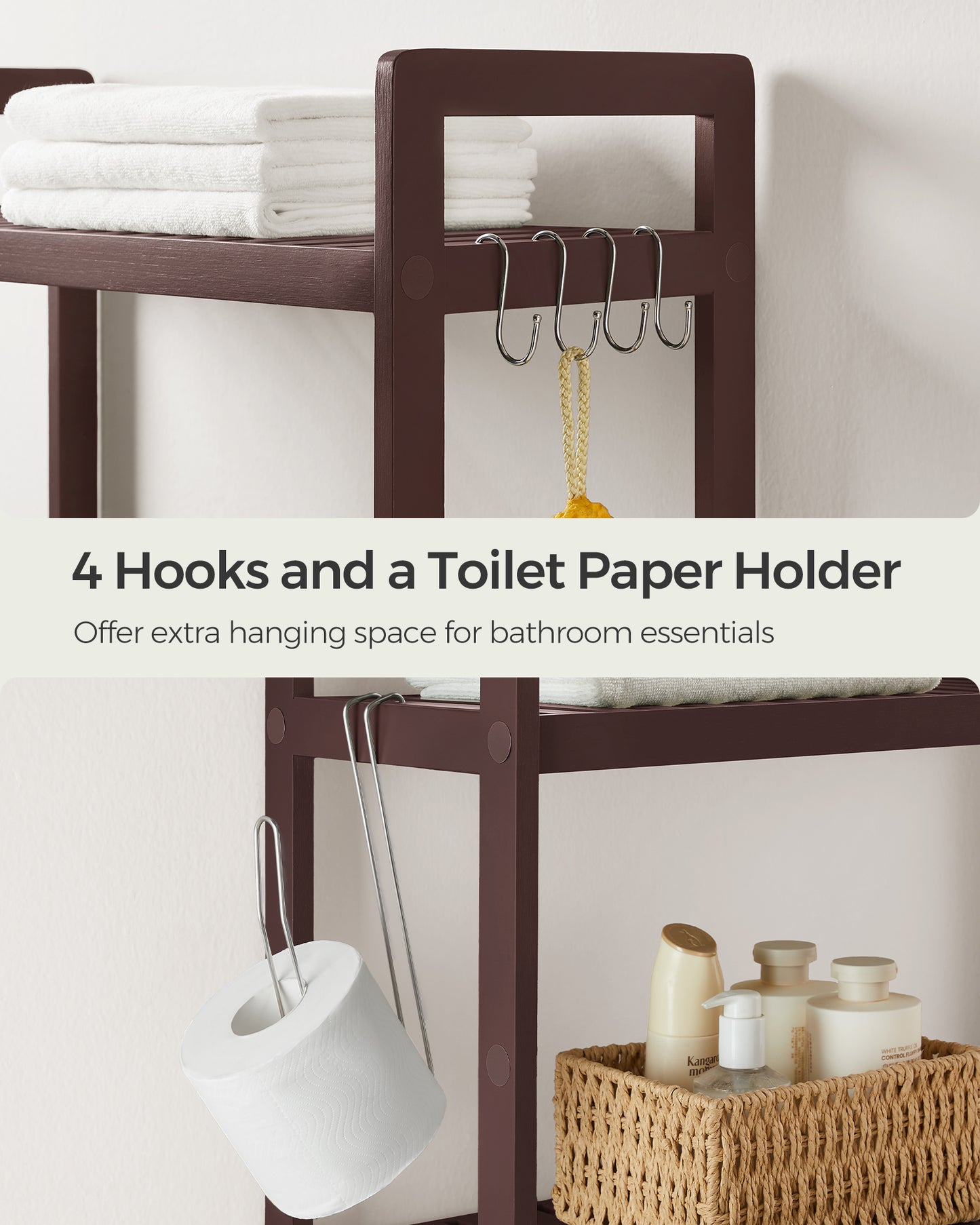 SONGMICS Over The Toilet Storage Bamboo 3-Tier Over-The-Toilet Space Saver Organizer Rack Stable Freestanding Brown