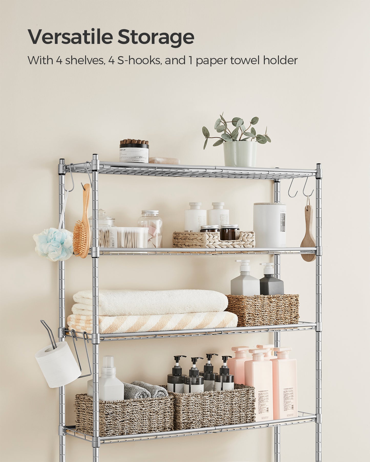 4 Tier Over The Toilet Storage, Metal Storage Rack, Adjustable Shelves, 4 Hooks, Roll Holder, Space-Saving Bathroom Storage Shelf Organizer, 11.8 x 32.7 x 69.3 Inches, Silver