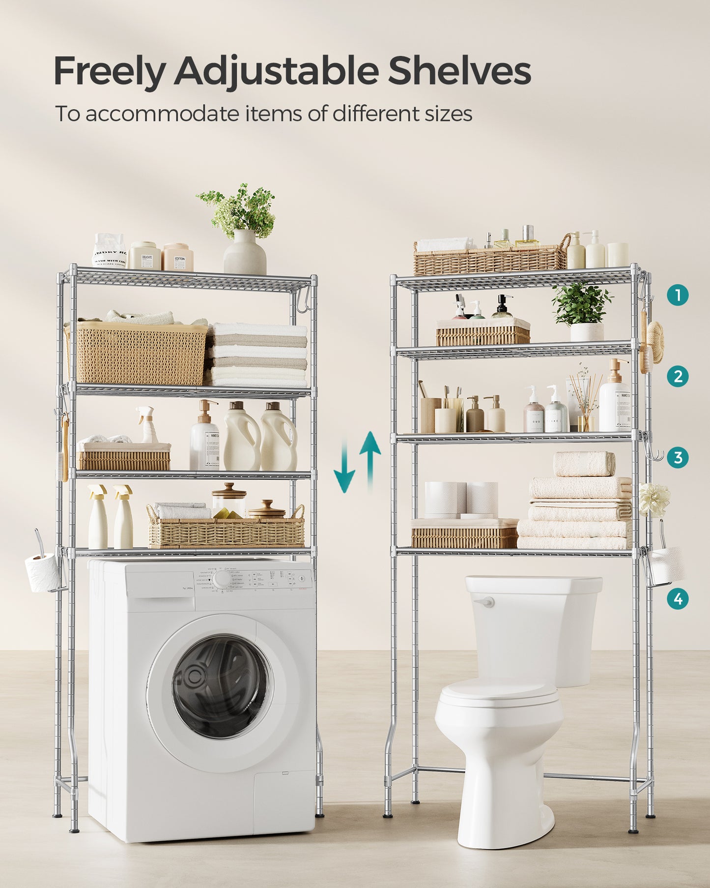 4 Tier Over The Toilet Storage, Metal Storage Rack, Adjustable Shelves, 4 Hooks, Roll Holder, Space-Saving Bathroom Storage Shelf Organizer, 11.8 x 32.7 x 69.3 Inches, Silver