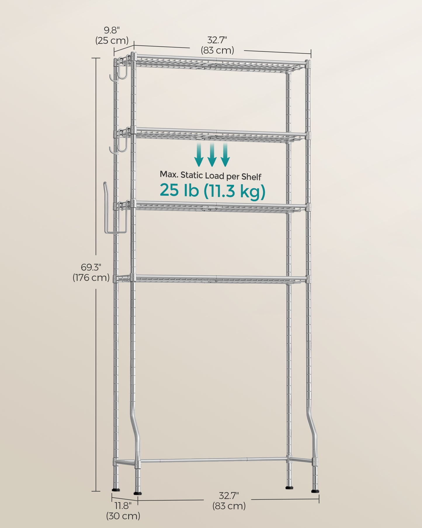 4 Tier Over The Toilet Storage, Metal Storage Rack, Adjustable Shelves, 4 Hooks, Roll Holder, Space-Saving Bathroom Storage Shelf Organizer, 11.8 x 32.7 x 69.3 Inches, Silver