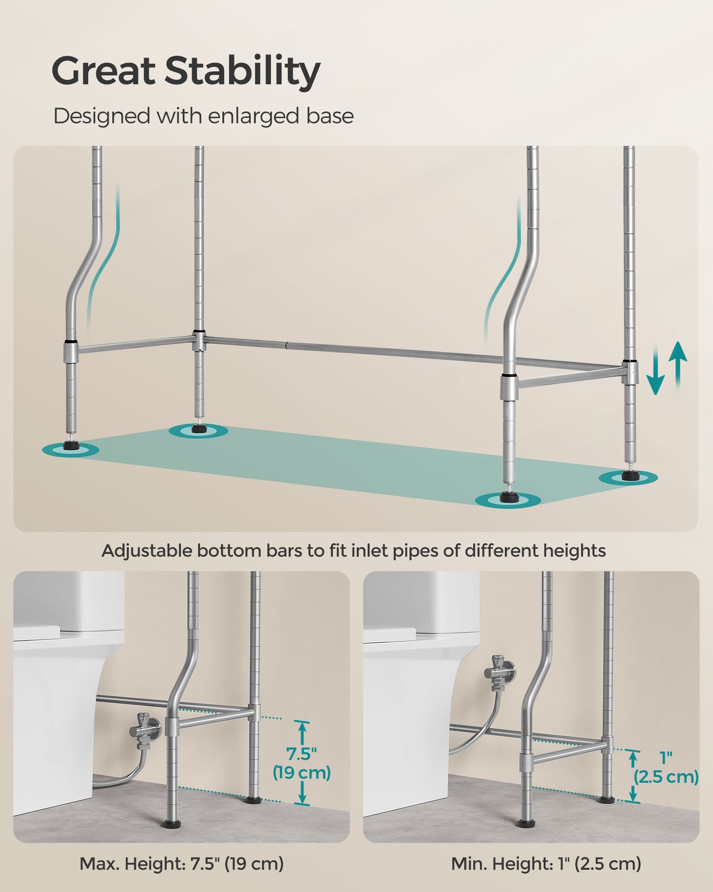 4 Tier Over The Toilet Storage, Metal Storage Rack, Adjustable Shelves, 4 Hooks, Roll Holder, Space-Saving Bathroom Storage Shelf Organizer, 11.8 x 32.7 x 69.3 Inches, Silver