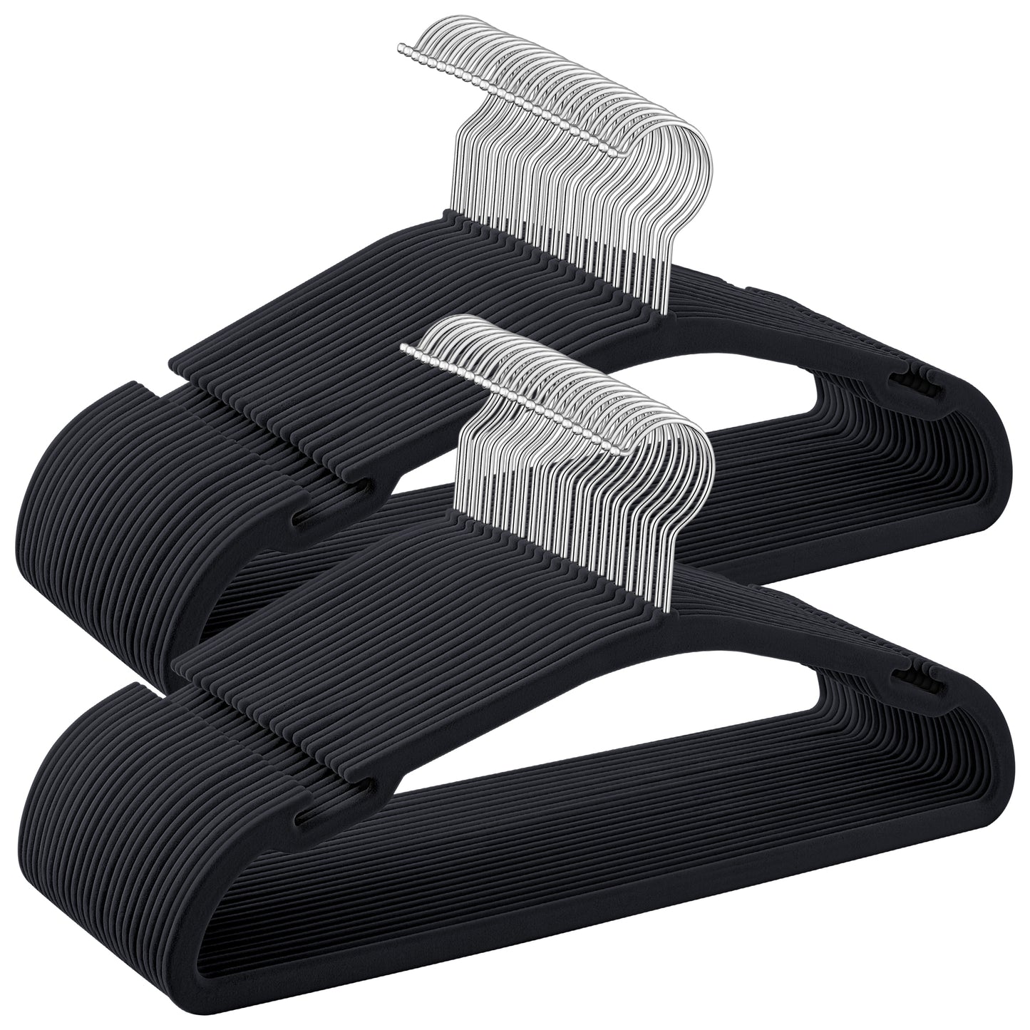 Velvet Hangers 50 Pack, Non-Slip Clothes Hangers, 17 x 8.3 Inches, Coat Hangers with Wide Shoulder Notches, Pants Bar, 360° Swivel Hook, Space-Saving, for Closet, Ink Black