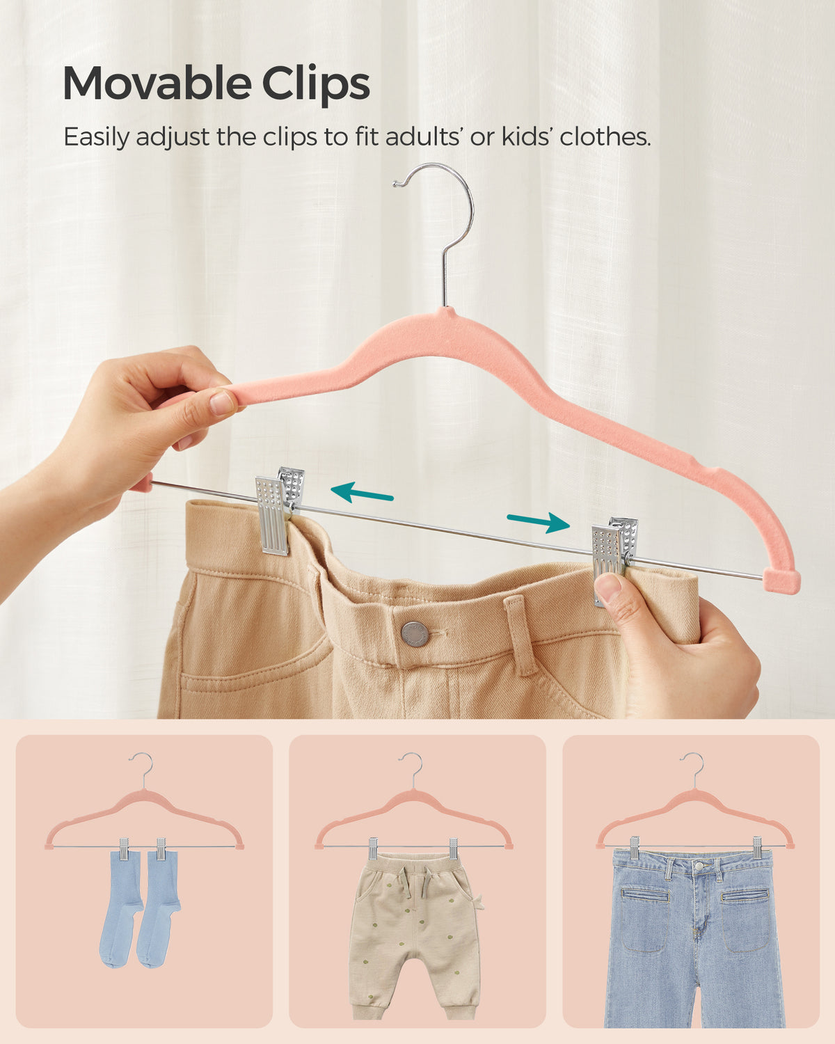 SONGMICS 30-Pack Pants Hangers, 16.7-Inch Long Velvet Hangers with Adjustable Clips, Heavy-Duty, Non-Slip Skirt Hangers, Space-Saving for Pants, Skirts, Coats, Dresses, Light Pink