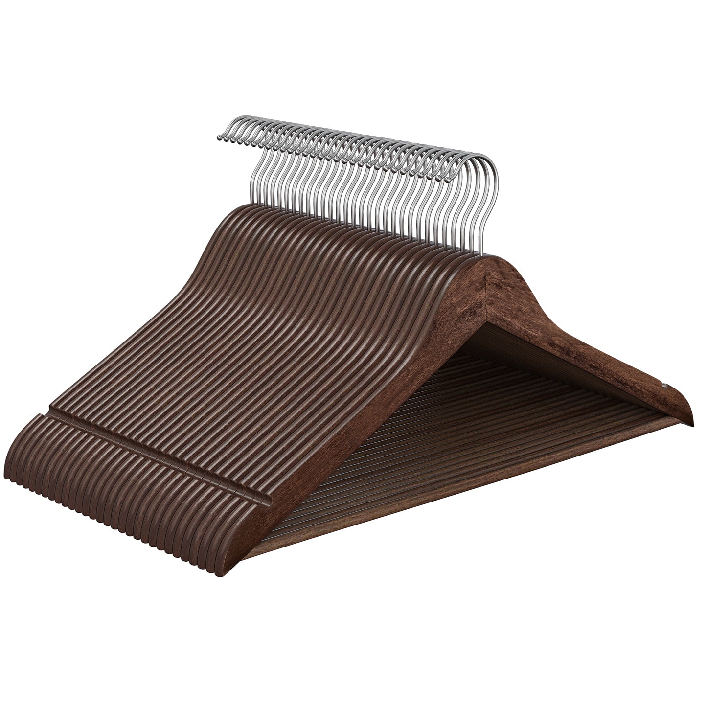 30-Pack Solid Birch Wood Hangers with Pants Bar & 360° Swivel Hooks, Space Saving Closet Organizers for Jackets Coats, Walnut Brown