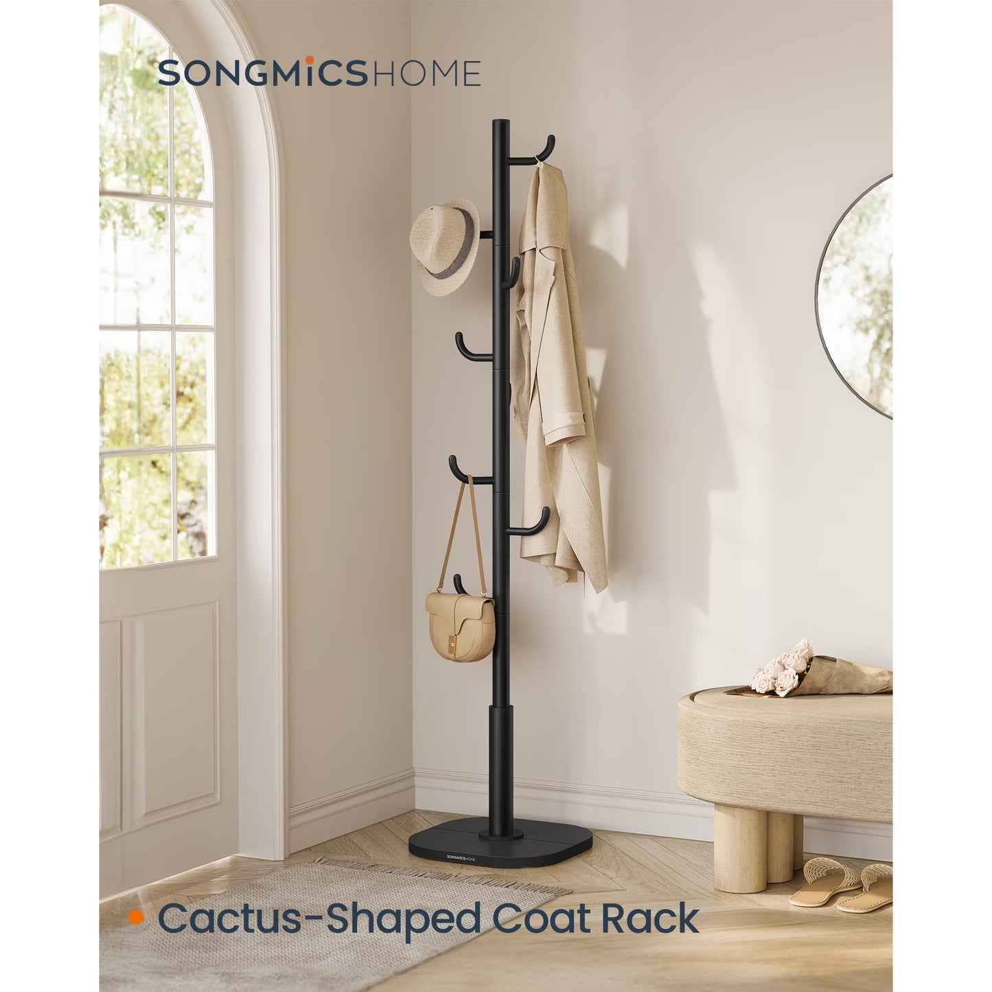 Cactus-Shaped Coat Rack, Coat Rack Freestanding, 69-Inch Tall Coat Rack Stand, with 8 Sturdy Hooks, Height Adjustable, for Clothes, Hats, Bags, Ink Black