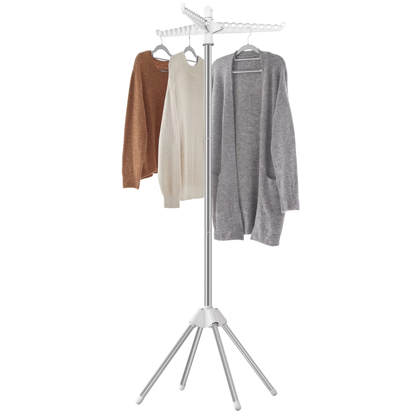 Clothes Drying Rack 59" Foldable Laundry Drying Rack with 27 Clips 3 Rotatable Arms 4 Legs Stainless Steel White and Silver