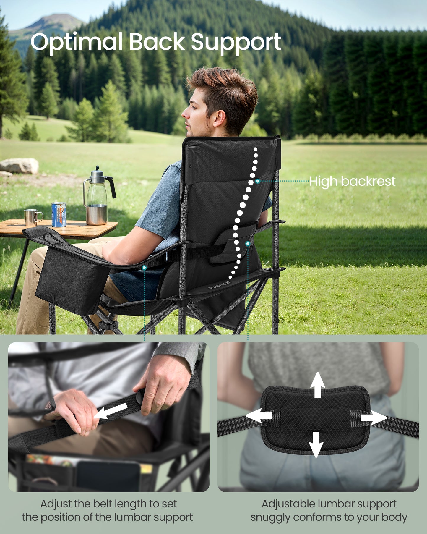Oversized Lumbar Support Camping Chair, Heavy-Duty Outdoor Folding Chair Comfortable, Padded, Glamping, Cooler Bag, Weight Capacity 450 lb, Ink Black