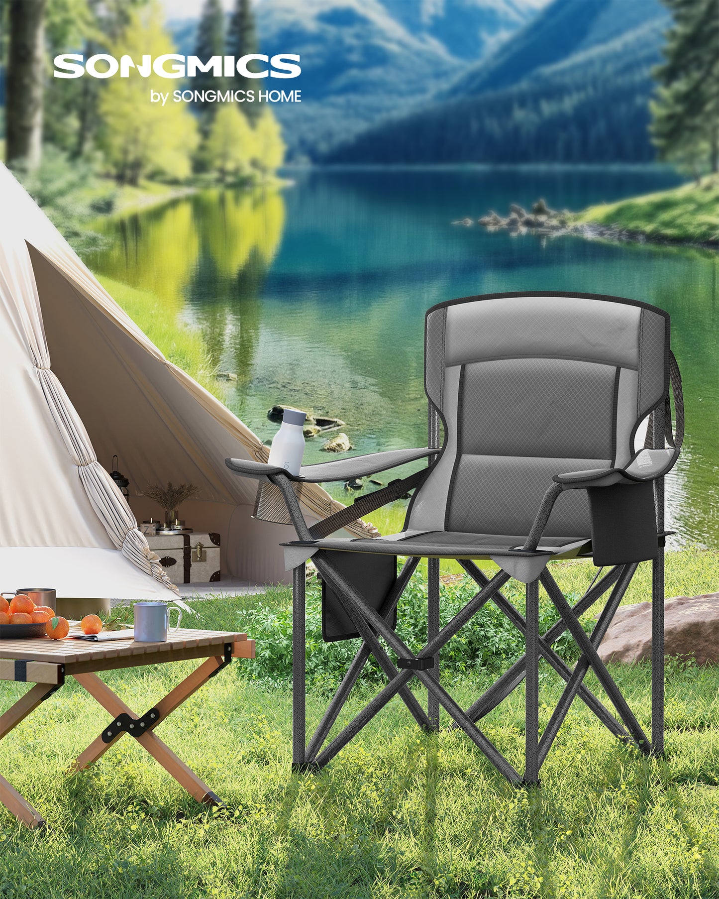 Heavy Duty Camping Chair with Cup Holder, High Backrest, Foam Padding, Foldable Design, 450 lb Weight Capacity for Outdoor, Slate Gray