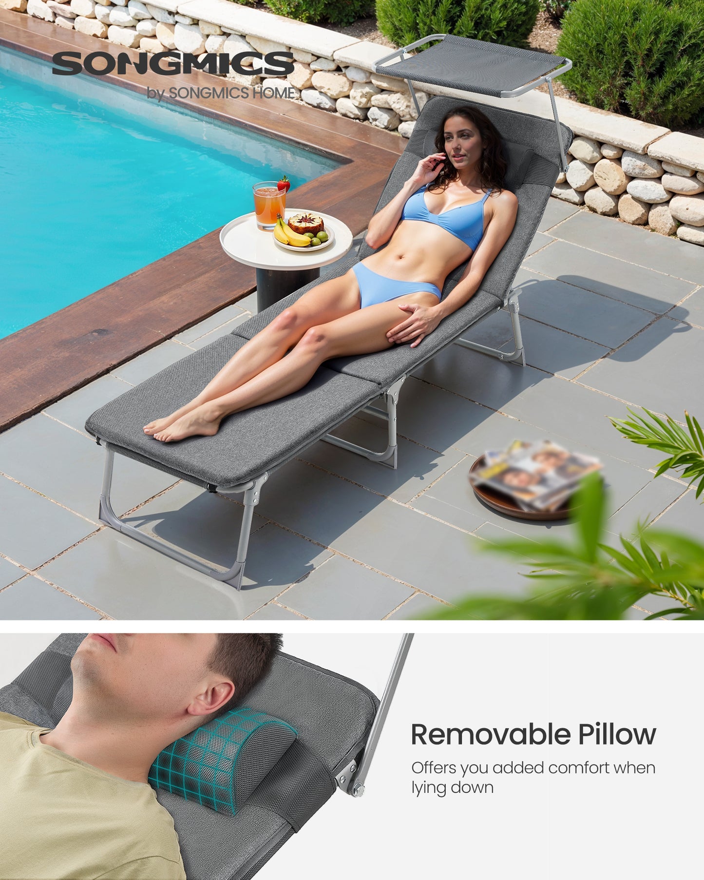Folding Sun Lounger with Adjustable Canopy & 4-Position Backrest, 330 lb Capacity Outdoor Chaise Lounge with Removable Cushion, Dark Gray