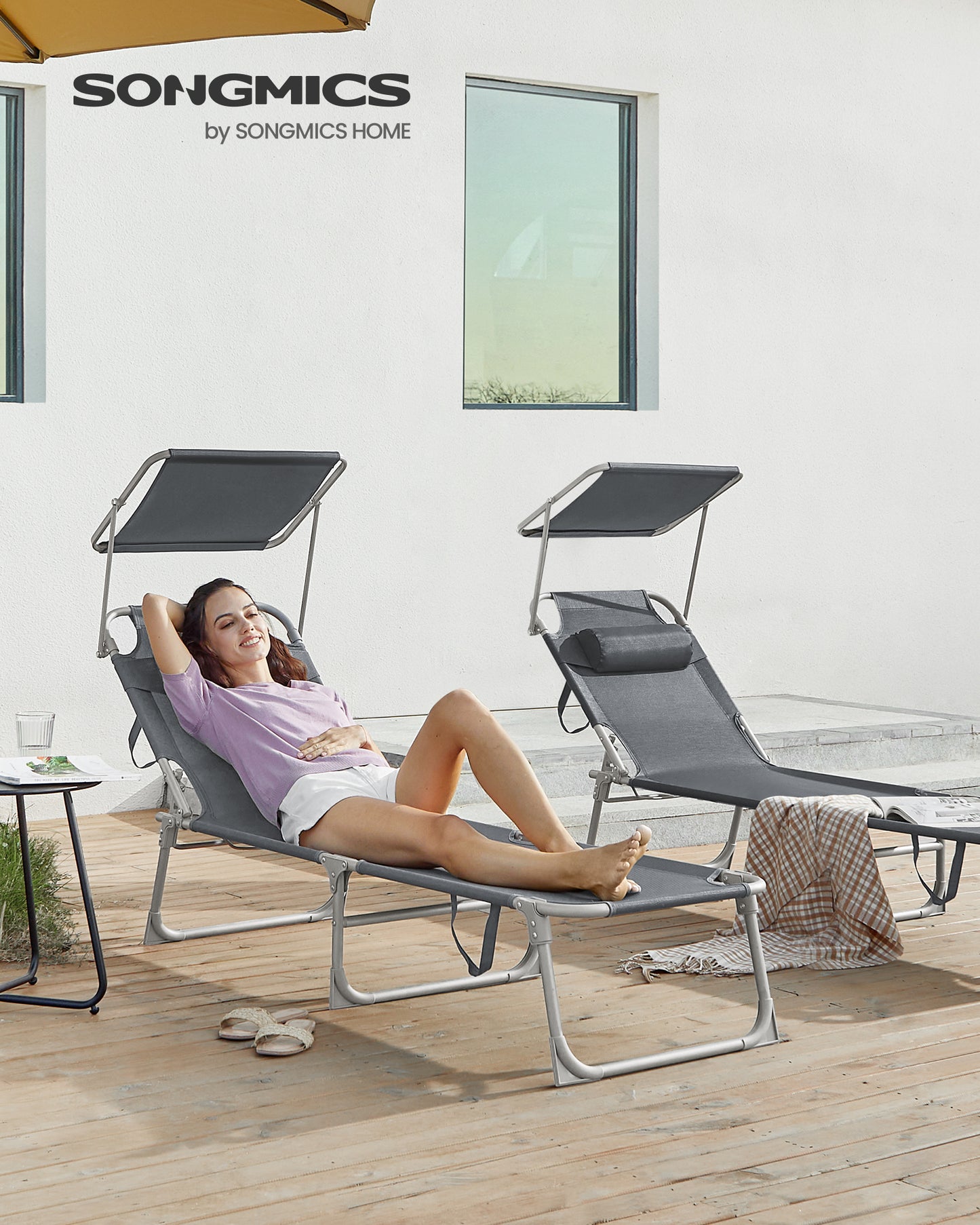 Folding Sun Lounger Chair with Adjustable Canopy & Backrest, 330 lb Capacity Portable Pool Chaise for Outdoor Garden, Dark Gray