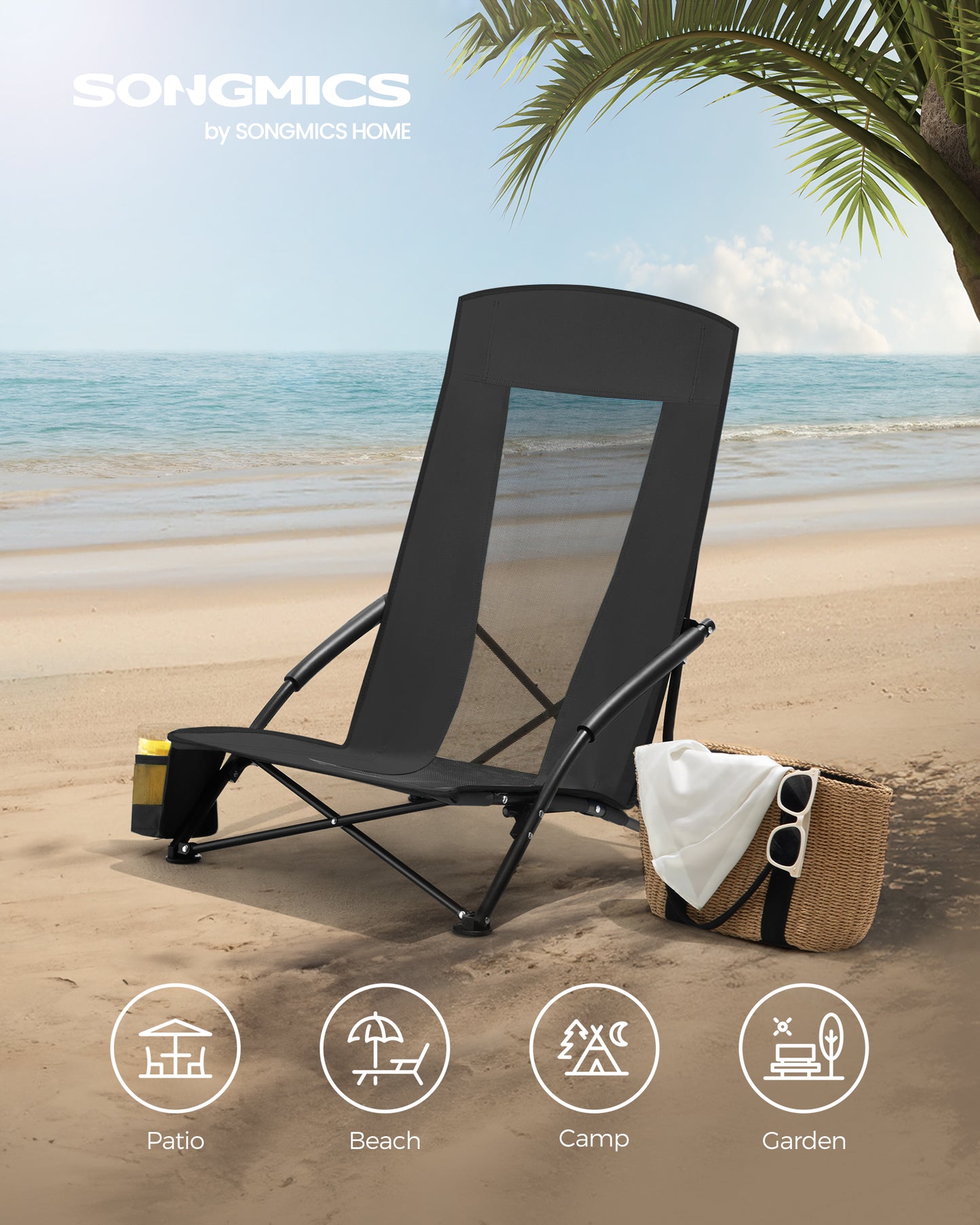 Portable Folding Beach Camping Chair with High Backrest, Cup Holder, Lightweight Heavy-Duty Design, Supports 330 lbs, Black