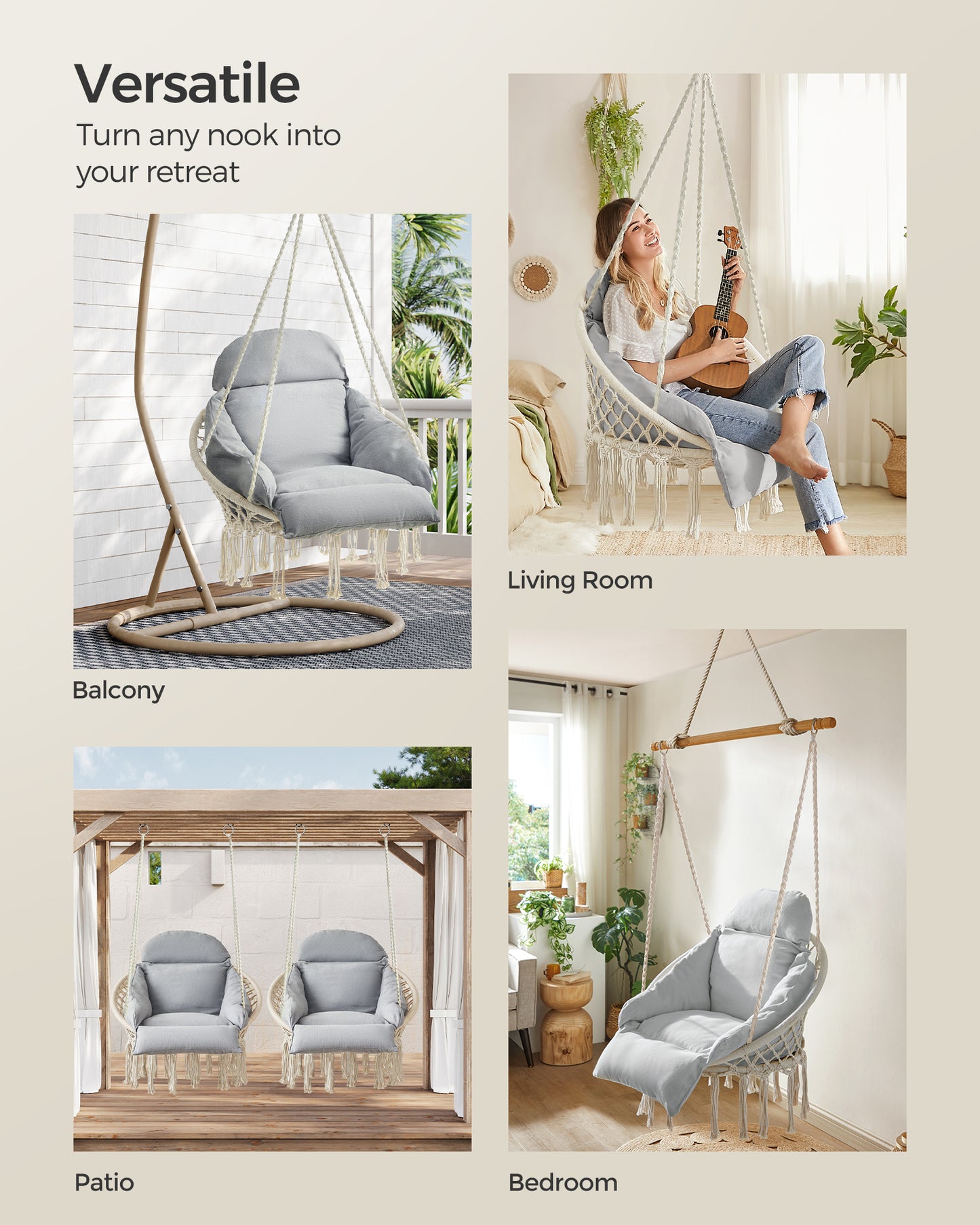 SONGMICS Hanging Chair, Hammock Chair with Large, Thick Cushion, Boho Swing Chair Cloud White and Gray