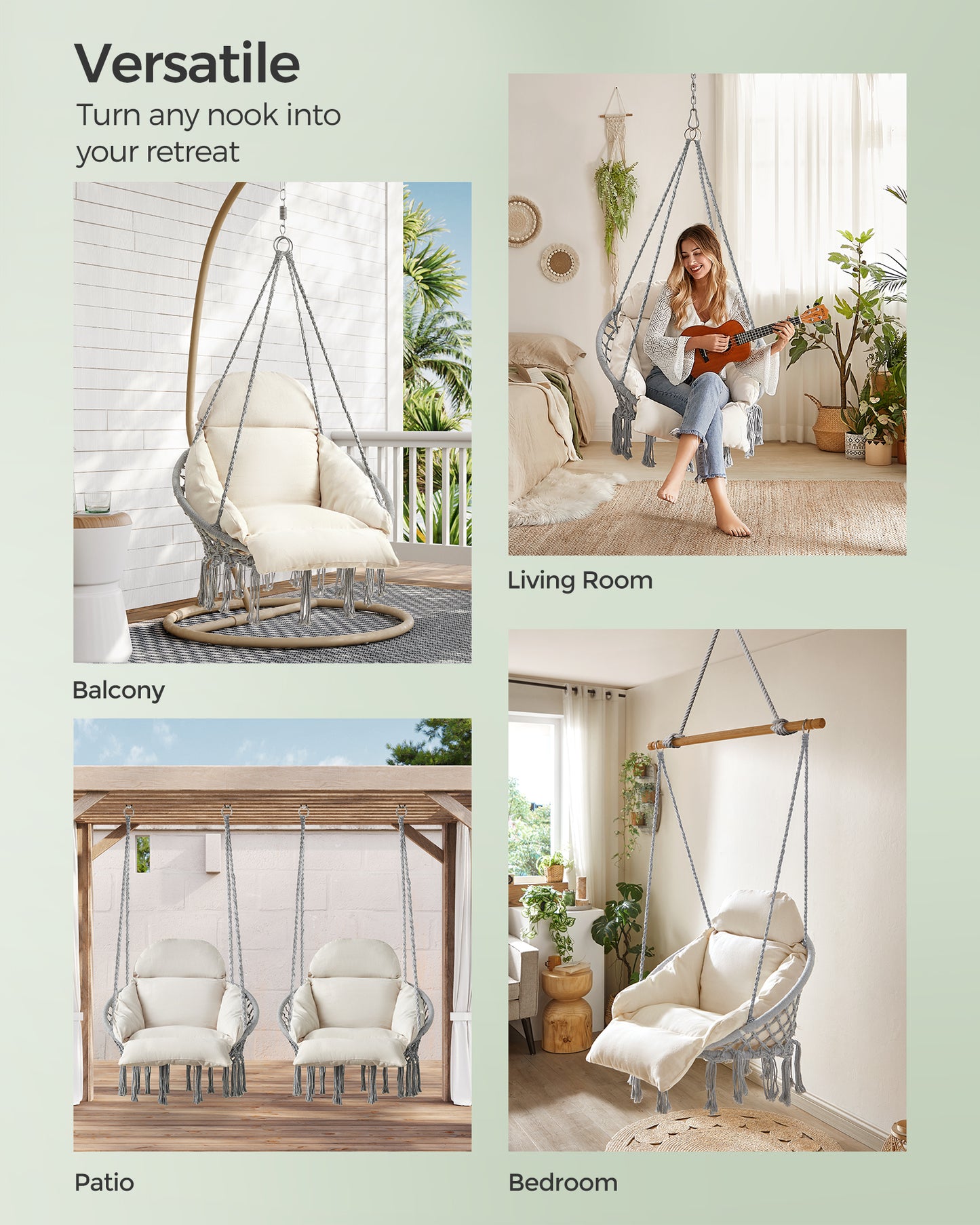 SONGMICS Hanging Chair, Hammock Chair with Large, Thick Cushion, Boho Swing Chair Gray and Cloud White