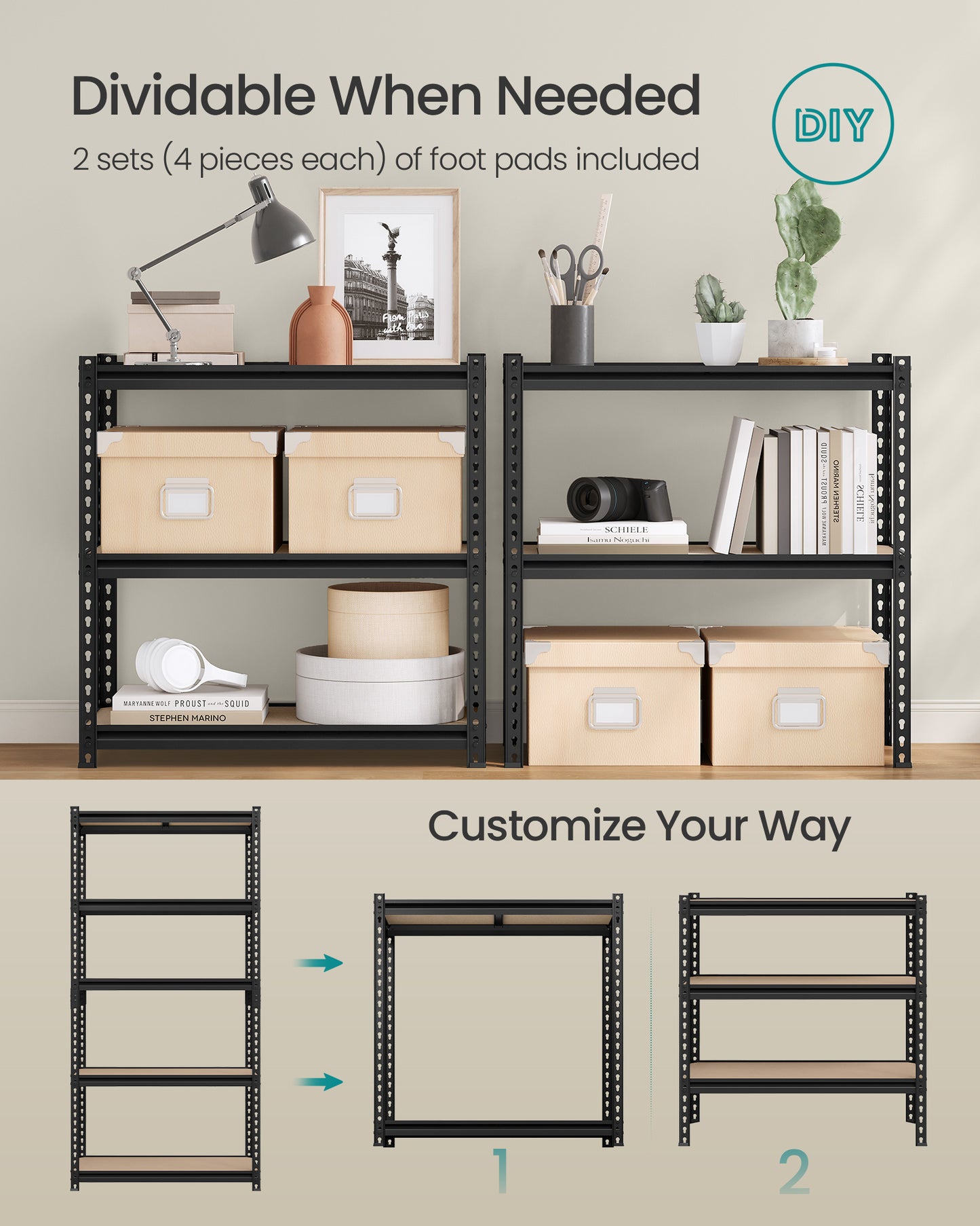 5-Tier Storage Shelves, Garage Storage, Boltless Assembly, Adjustable Shelving Unit, Load 1929 lb, , Black