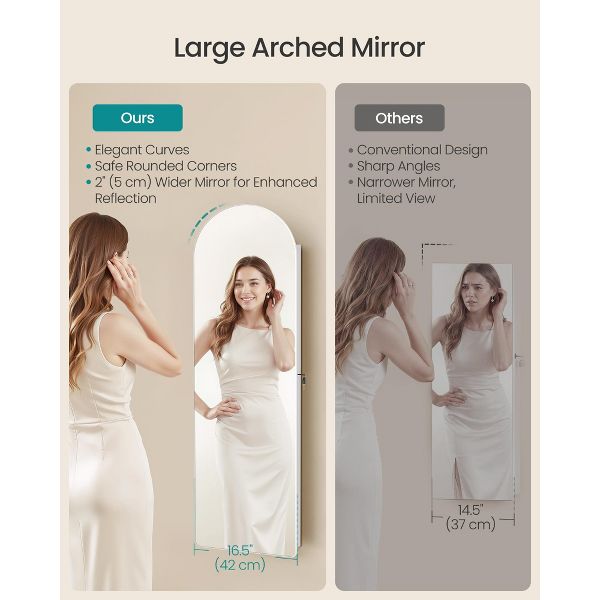 SONGMICS Wide Jewelry Organizer, LED Jewelry Cabinet, Arched Mirror with Storage, Lockable, Rounded Corner, Interior Mirror, Cloud White