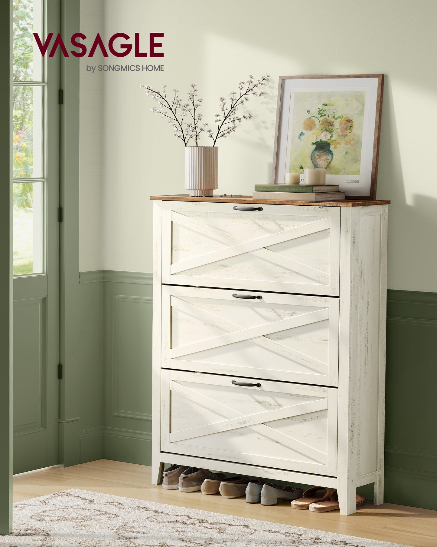 Shoe Storage Cabinet Organizer with 3 Flip Drawers, Freestanding Narrow Shoe Rack Cabinet for Entryway, Farmhouse Style, Fits 18 to 24 Pairs, Rustic White