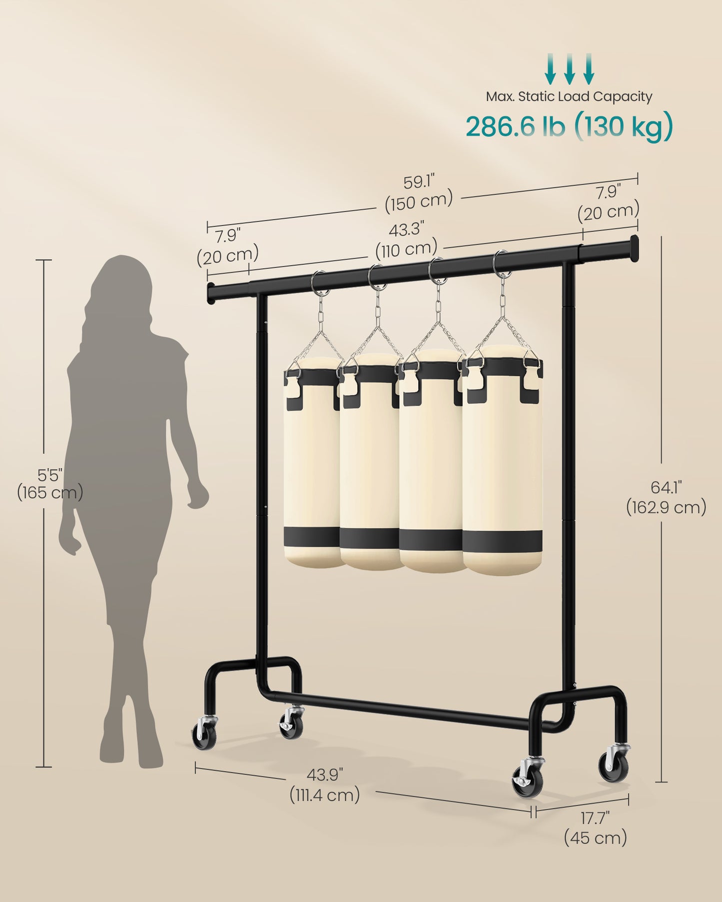 Extendable Hanging Rod Clothes Rack with Wheels Heavy-Duty Garment Rack Freestanding Clothes Rack for Hanging Clothes Black