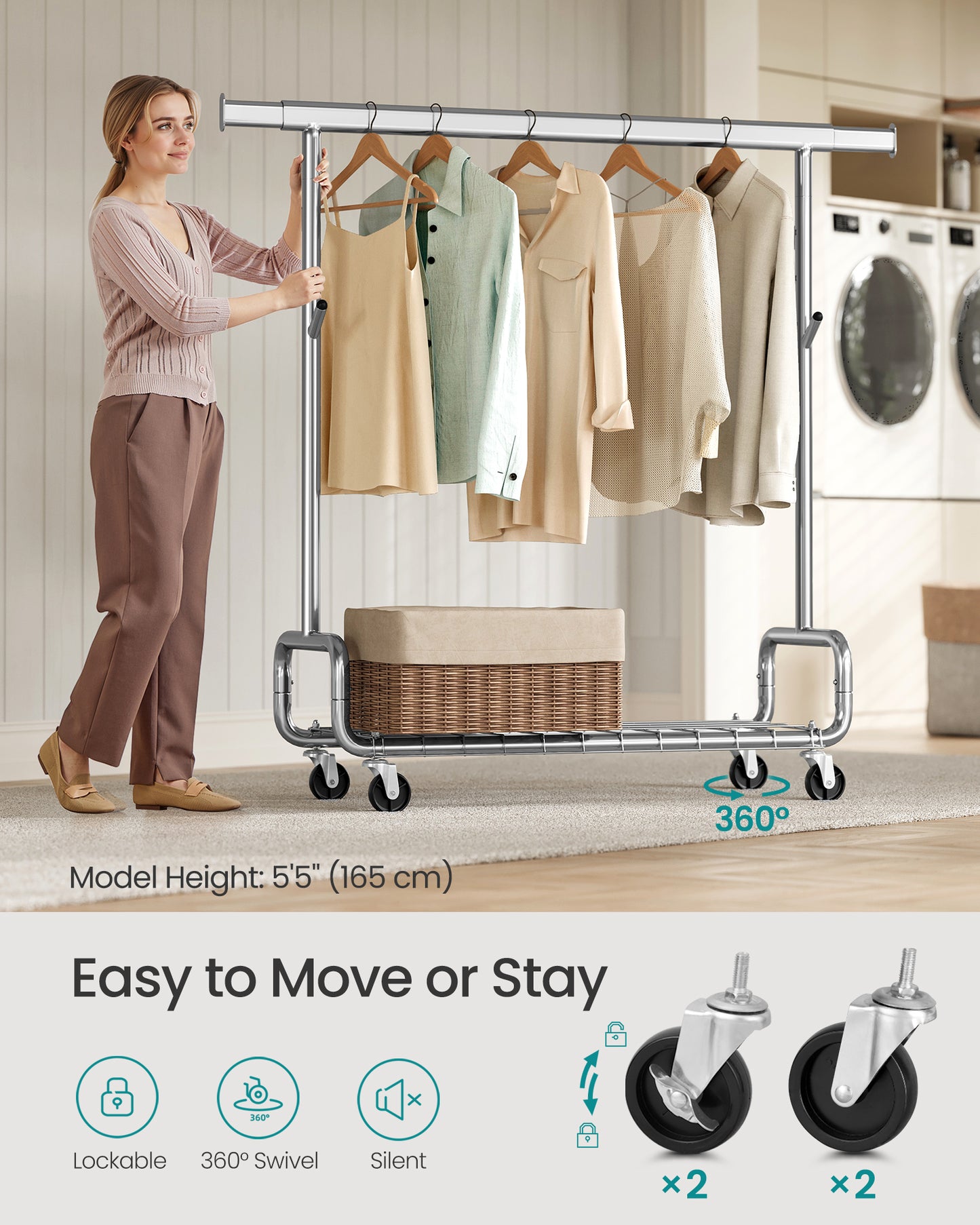 Heavy-Duty Rolling Garment Rack with Extendable Hanging Rod, 440 lb Capacity, Adjustable Height with Shelf and Hooks,Mobile Clothing Organizer, Silver