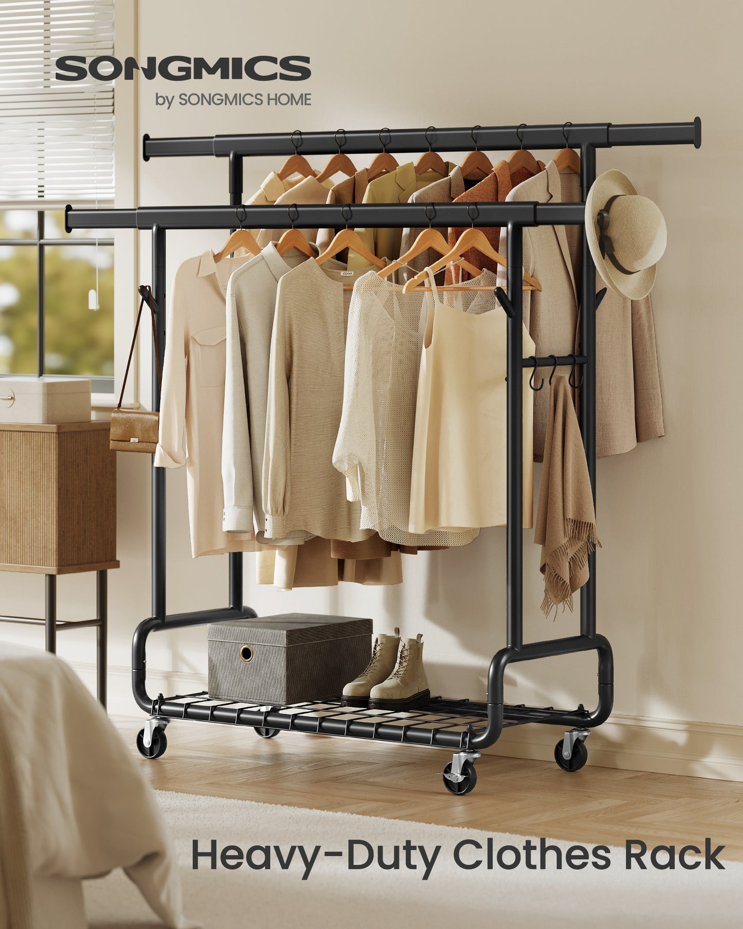 Heavy-Duty Rolling Garment Rack with Extendable Double Hanging Rods, 594 lb Capacity, Adjustable 3-Height with Shelf, Mobile Storage Organizer, Black