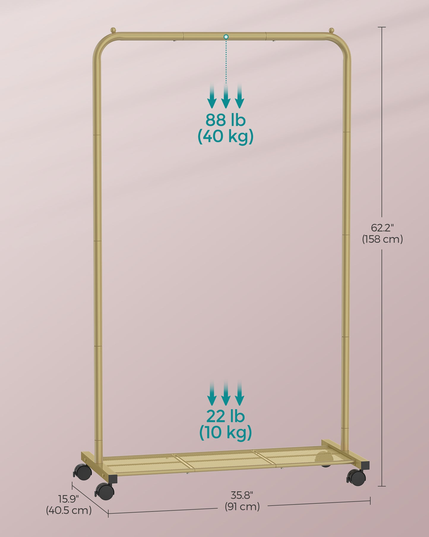 Heavy-Duty Clothes Rack with Dense Mesh Storage Shelf, 25.4mm Metal Garment Rack with Wheels and 2 Brakes Freestanding Clothes Rack Gold