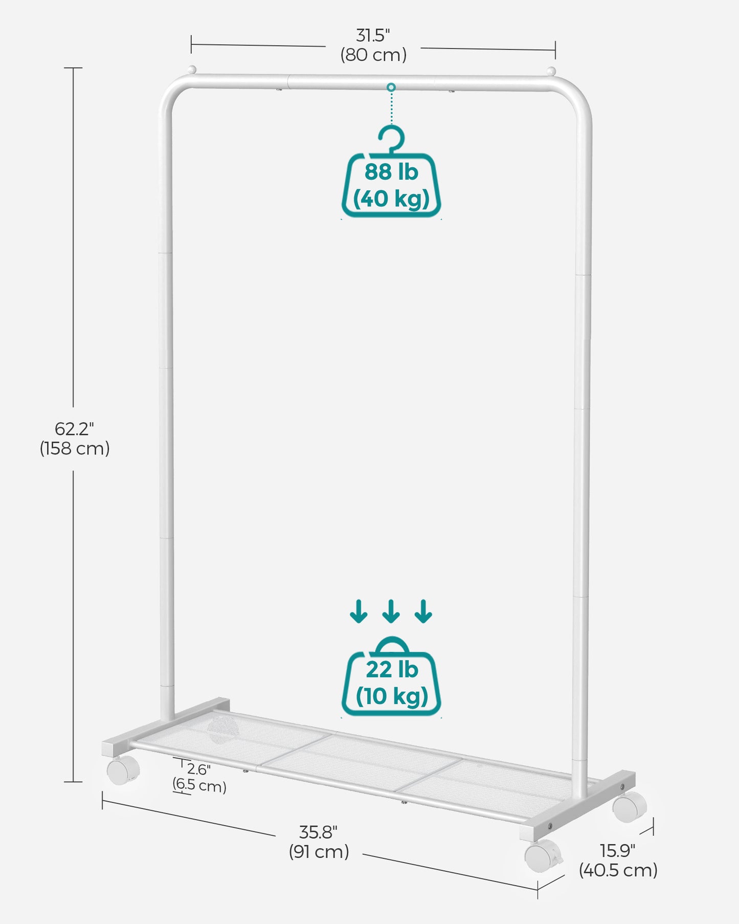 Heavy-Duty Clothes Rack with Dense Mesh Storage Shelf, 25.4mm Metal Garment Rack with Wheels and 2 Brakes, 110 lb Load Capacity Clothes Rack
