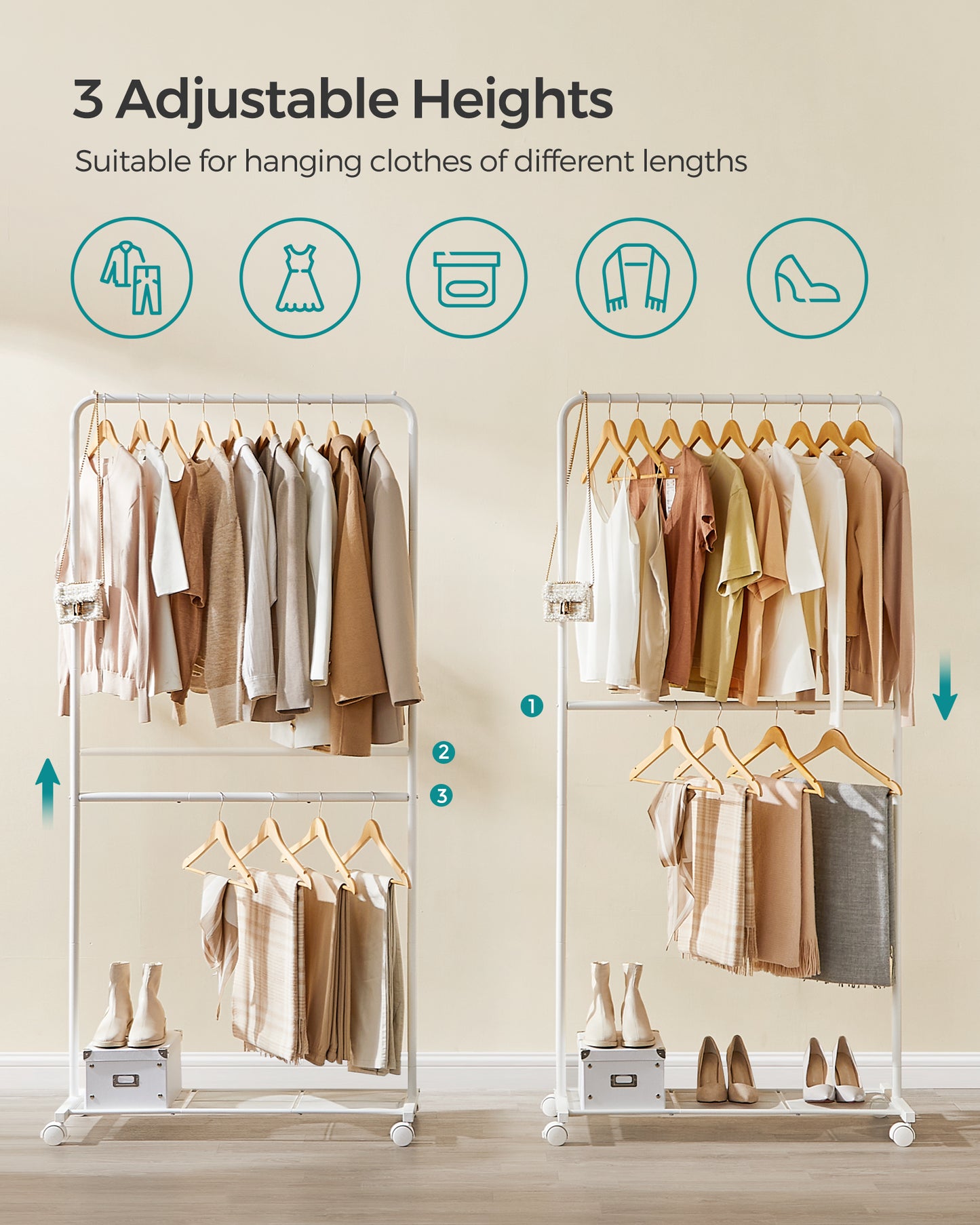 Clothes Rack with Wheels, Double-Rod Clothing Rack for Hanging Clothes, 25.4mm Metal Garment Rack with Dense Mesh Storage Shelf, 110 lb Load Capacity, 2 Brakes, White