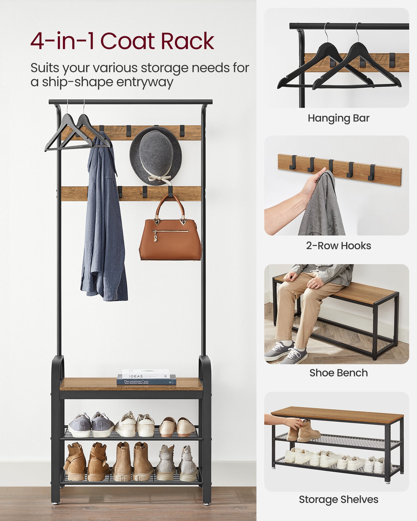 Coat Rack, Hall Tree with Shoe Bench for Entryway, Entryway Bench with Coat Rack, 4-in-1, with 9 Removable Hooks, a Hanging Rod, 13.3 x 28.3 x 72.1 Inches, Rustic Walnut and Black