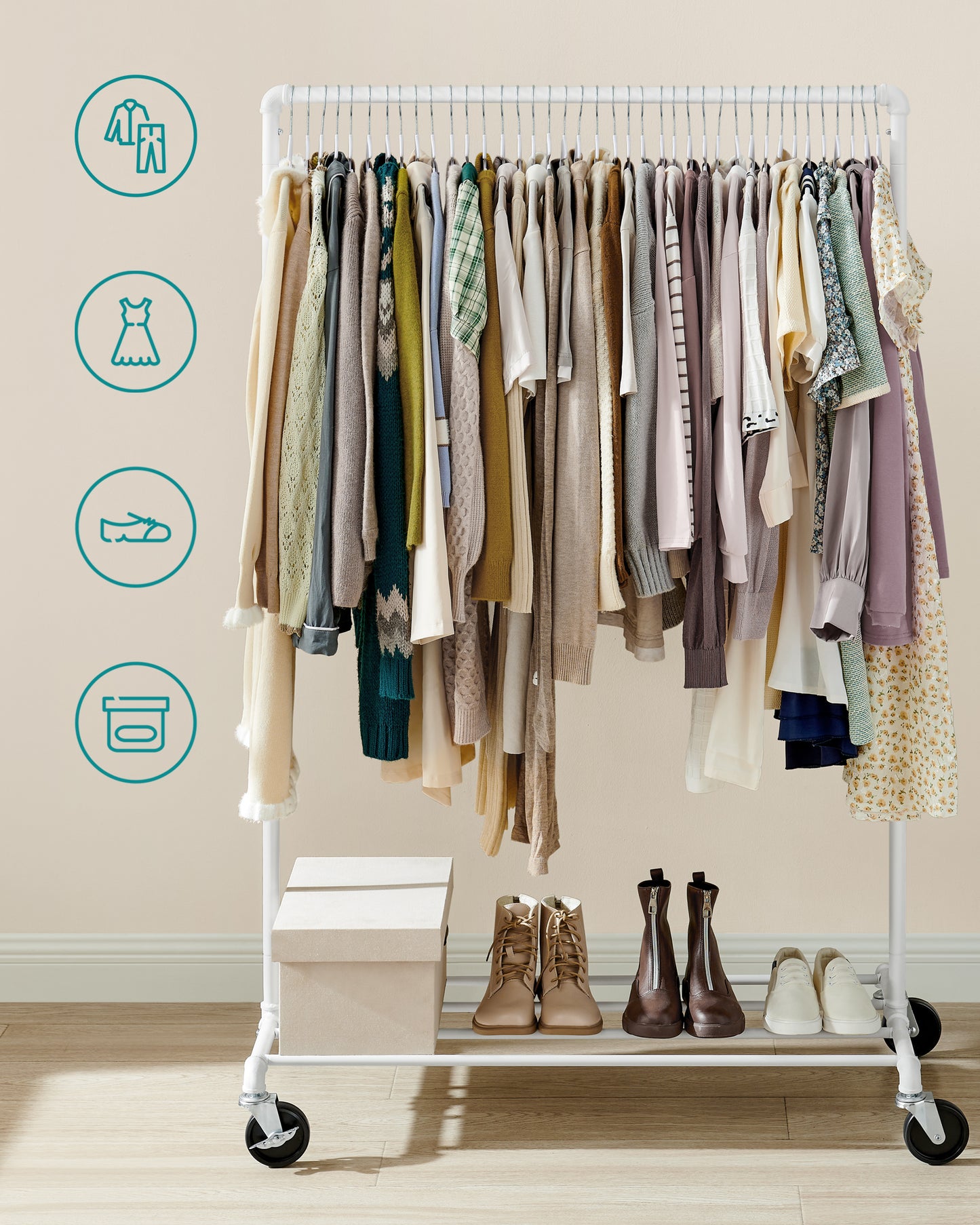 SONGMICS Heavy-Duty Clothes Rack, Clothing Rack for Hanging Clothes, Industrial Garment Rack on Wheels, Metal Frame, Commercial Display, White