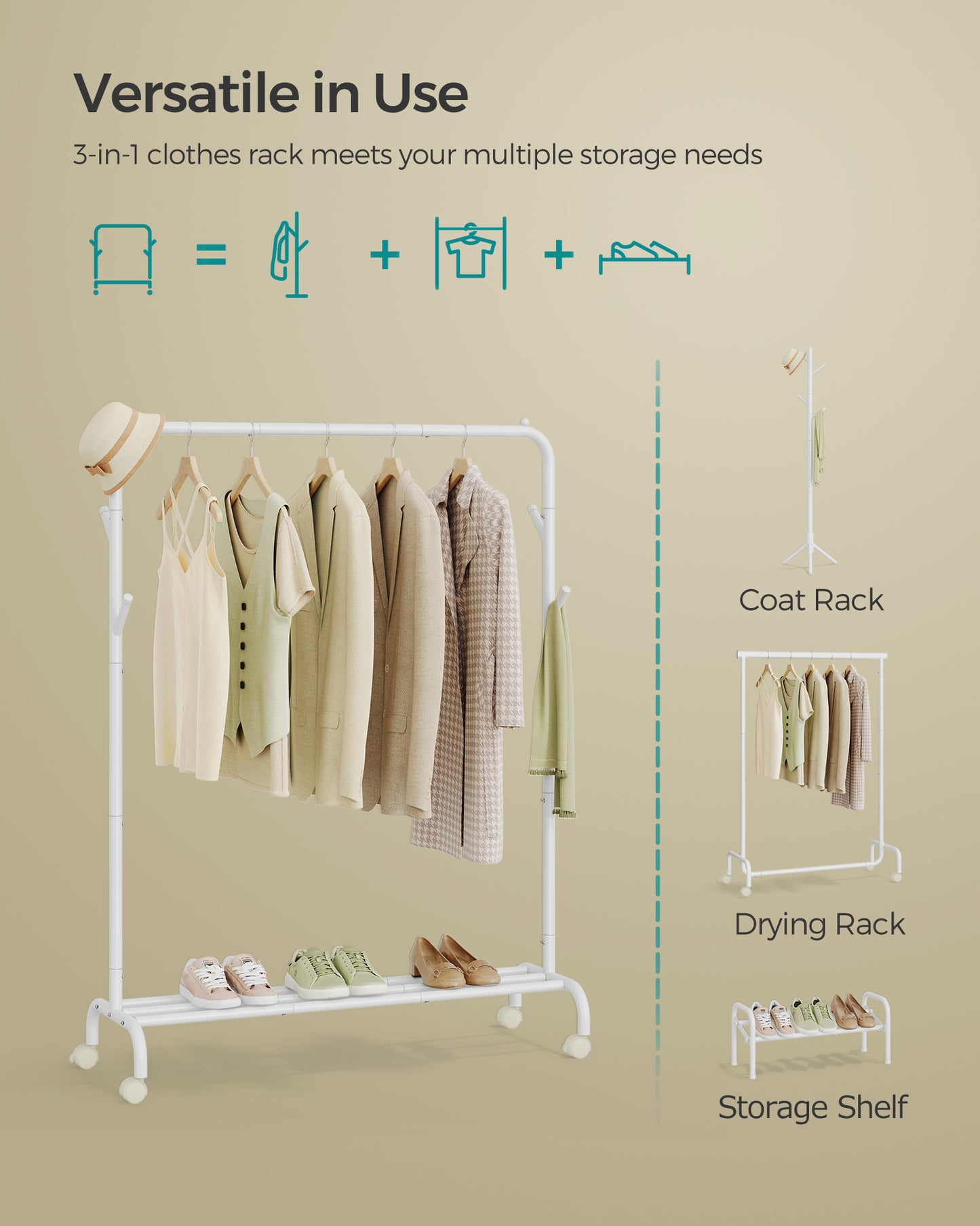 Clothes Rack, Single-Rod Clothing Rack with Wheels, Heavy-Duty Metal Frame, Garment Rack, 110 lb Max. Total Load, 40.7 Inches Wide, Clothes Storage and Display, Cloud White