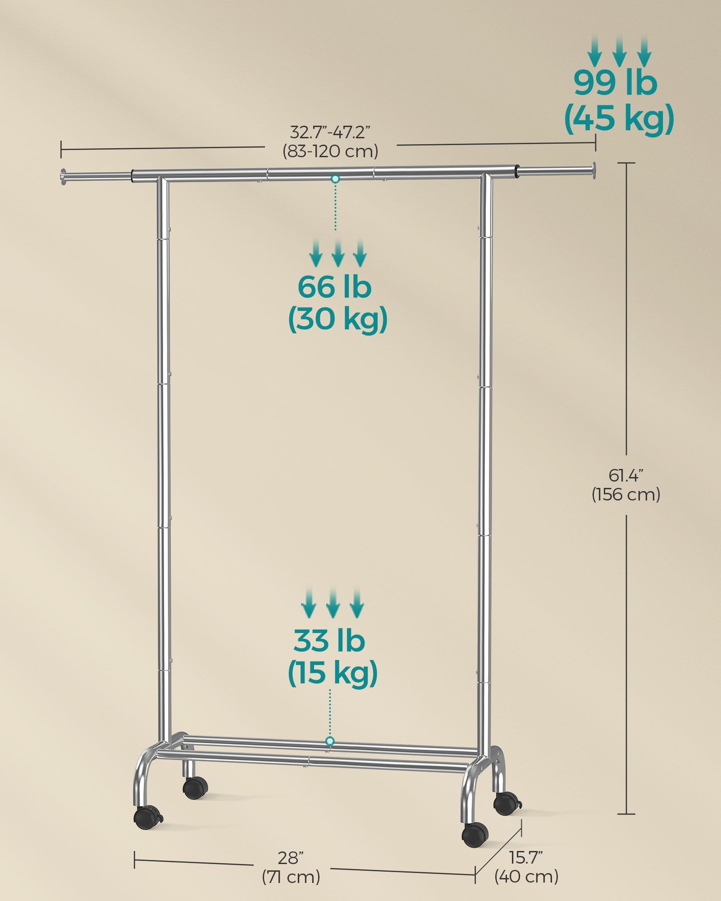 SONGMICS Clothes Rack, Clothing Rack with Extendable Hanging Rail and Wheels, Garment Rack, 99 lb Total Max. Load Silver