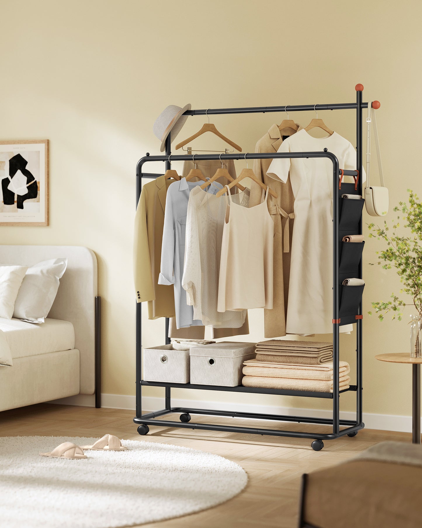 Double-Rod Clothes Rack, Clothing Rack on Wheels, Portable Garment Rack, with 2 Clothes Hanging Rails, Fabric Shelf and Storage Bag, Matchstick-Shaped Hooks, Ink Black