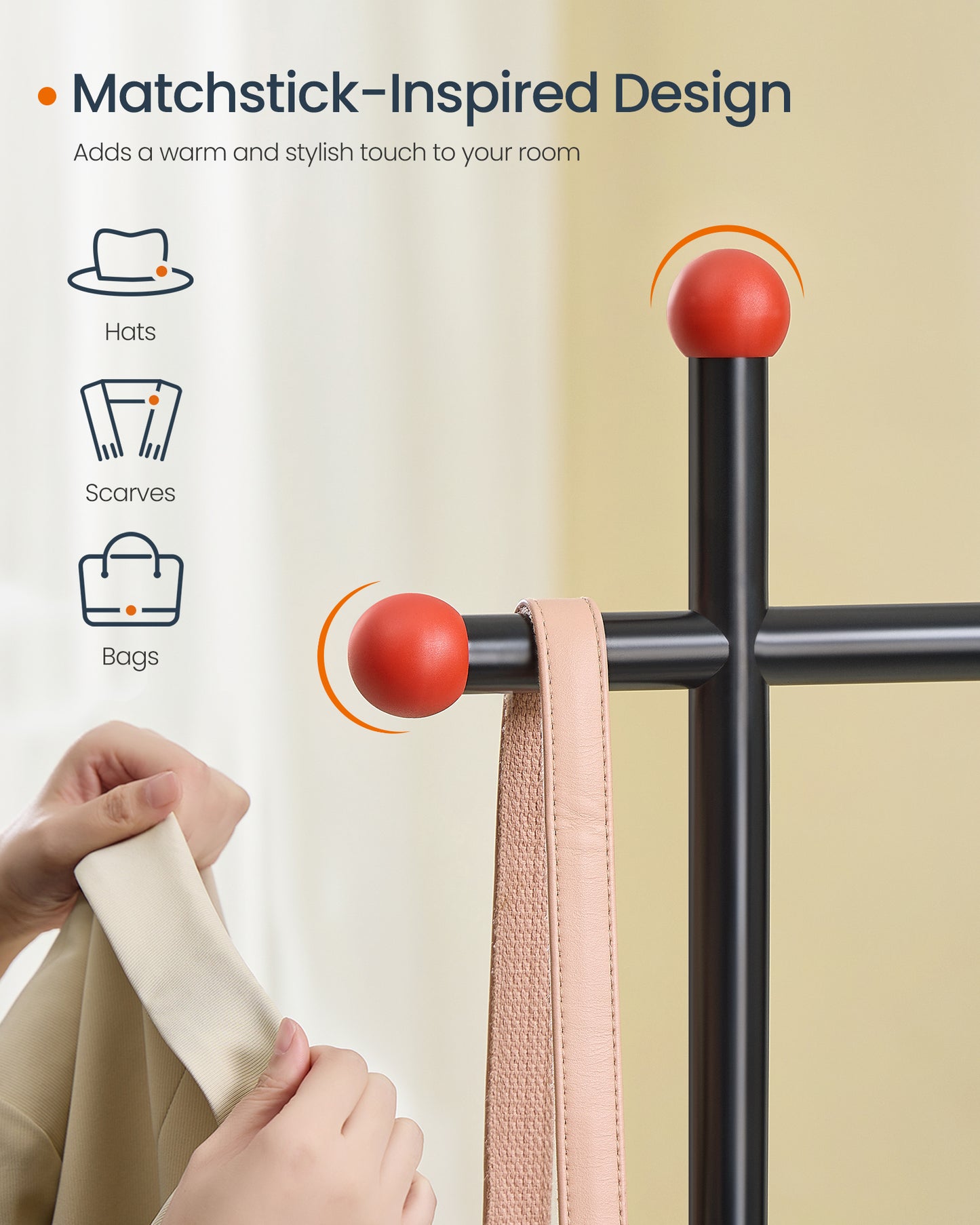 Double-Rod Clothes Rack, Clothing Rack on Wheels, Portable Garment Rack, with 2 Clothes Hanging Rails, Fabric Shelf and Storage Bag, Matchstick-Shaped Hooks, Ink Black