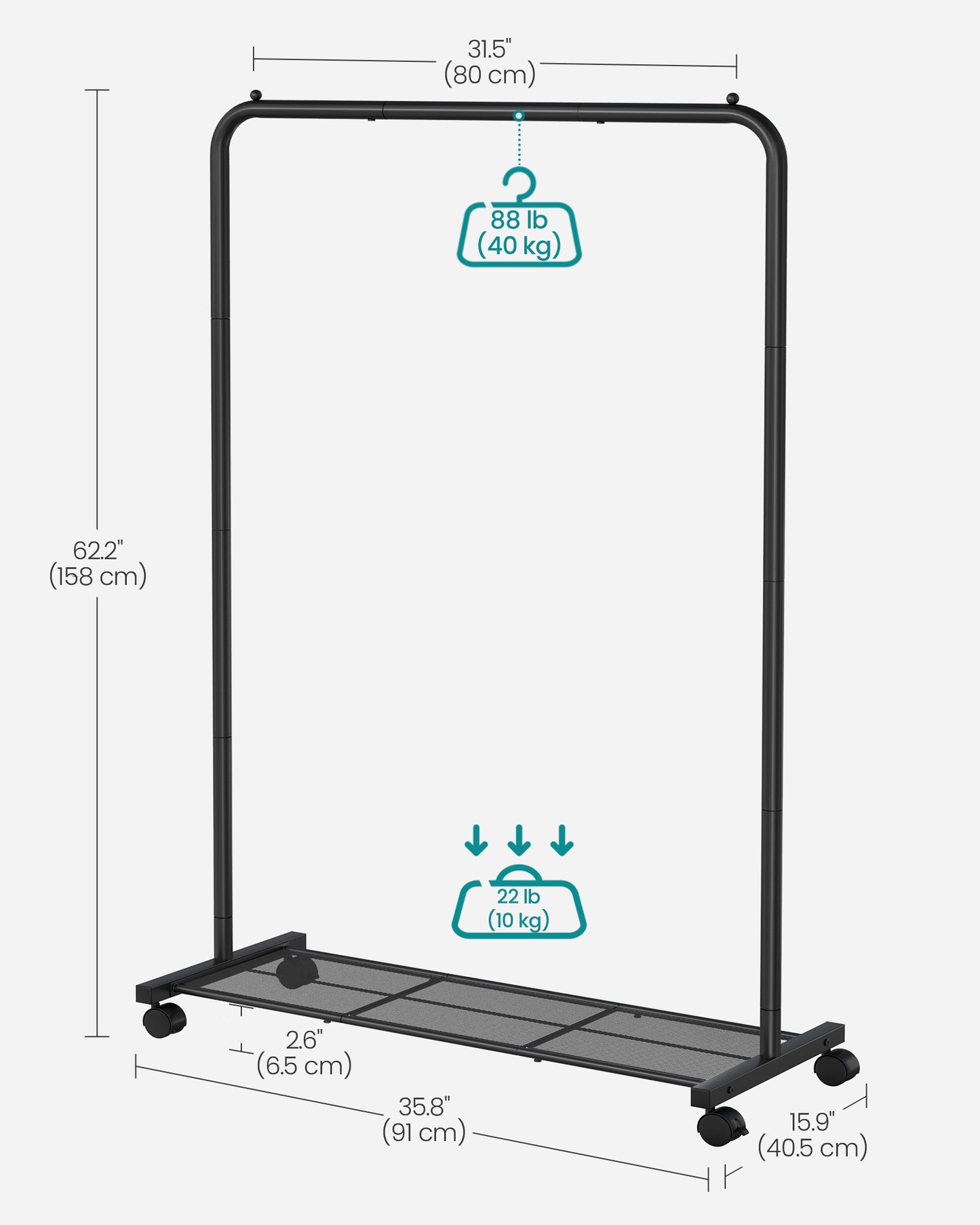 Heavy-Duty Clothes Rack with Dense Mesh Storage Shelf 25.4mm Metal Garment Rack with Wheels and 2 Brakes, 110 lb Load Capacity Clothes Rack