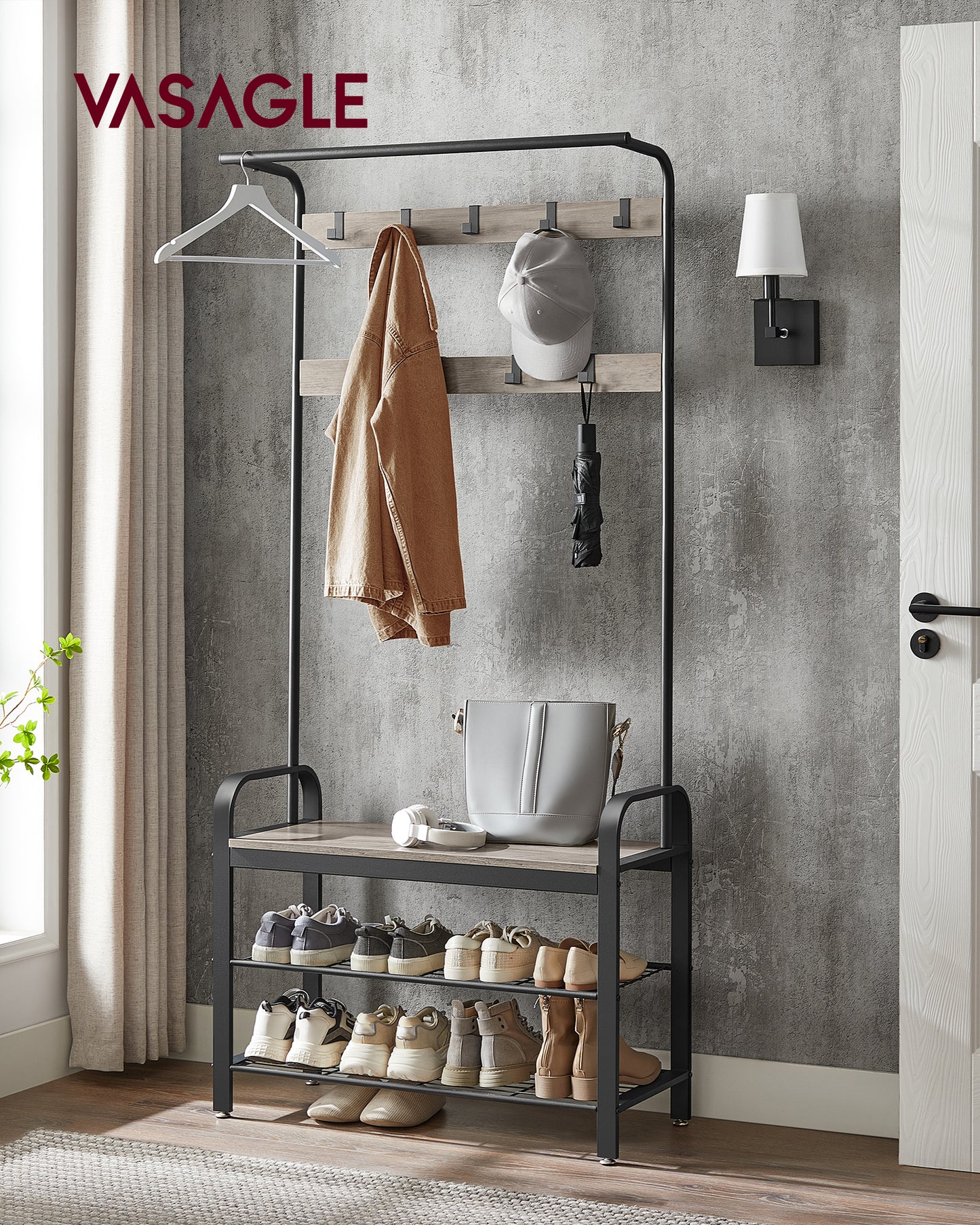 Coat Rack, Hall Tree with Shoe Bench , Entryway Bench with Coat Rack, 4-in-1, with 9 Removable Hooks, a Hanging Rod, 13.3 x 33.1 x 72.1 Inches
