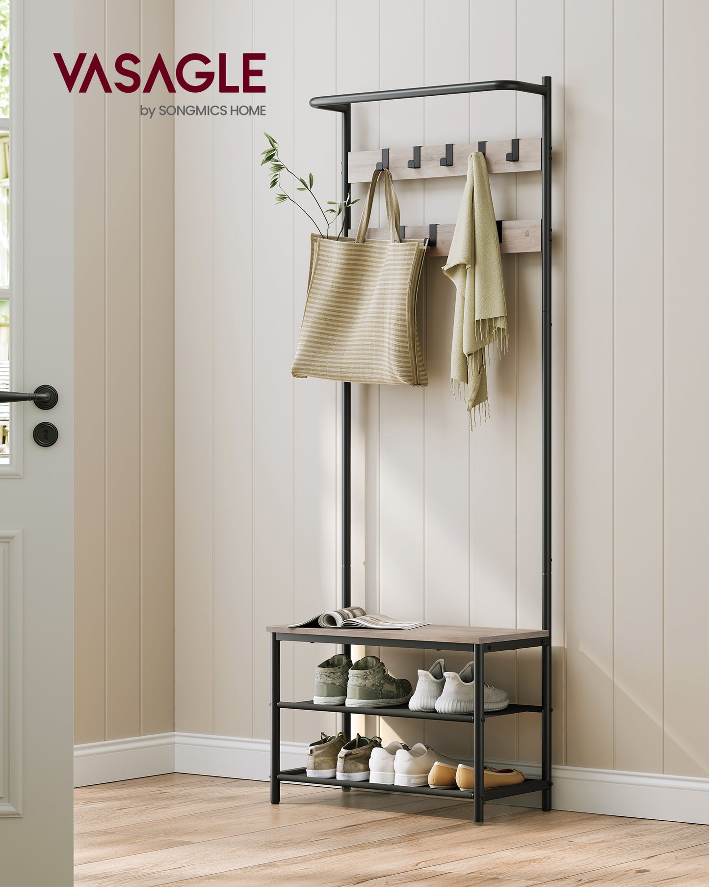 Hall Tree with Bench & Shoe Storage, Entryway Coat Rack with 9 Hooks, Fabric Shelves & Anti-Tip Kit, Space-Saving Narrow Design for Small Spaces