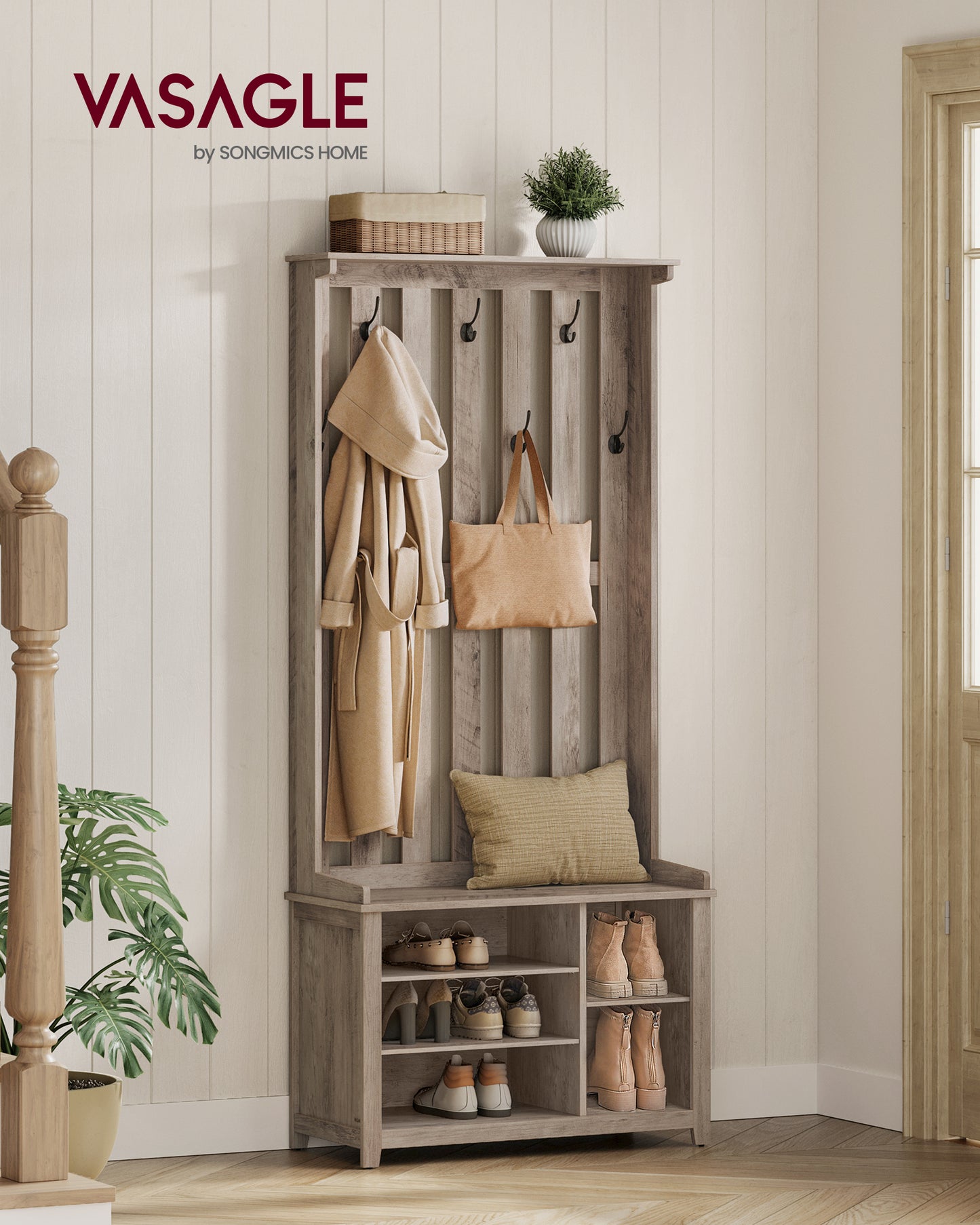 Hall Tree with Bench and Shoe Storage, Coat Rack with Shoe Bench, 7 Double Hooks for Jackets, 13.8 x 31.9 x 70.9 Inches, Heather Greige
