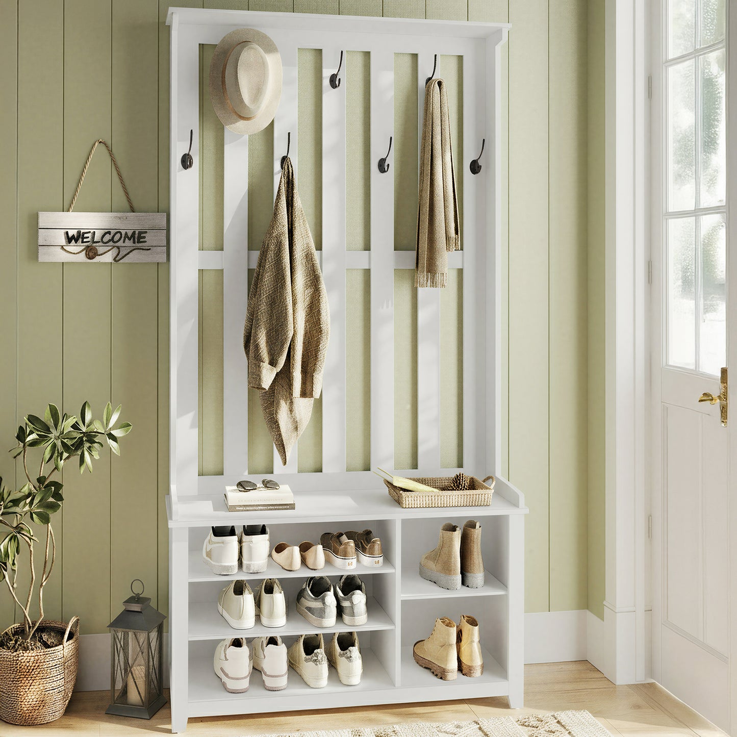 Hall Tree with Storage Bench, 70.9" Entryway Bench with 7 Double Hooks, Adjustable Shoe Rack Shelves, 300 lb Capacity, for Entryway Living Room, Matte Finish