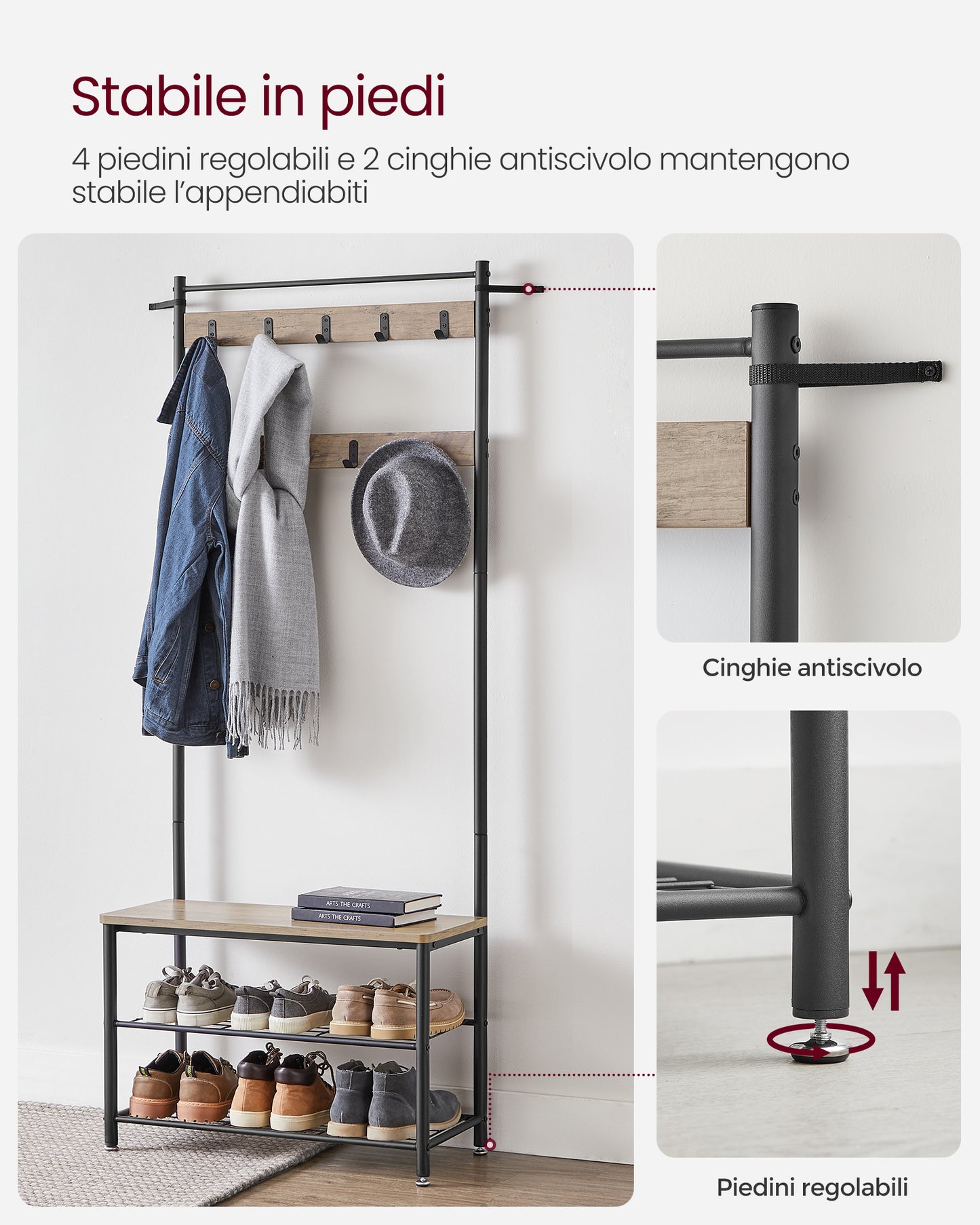 Coat Rack, Hall Tree with Shoe Storage Bench, Entryway Bench with Shoe Storage, 3-in-1, Steel Frame, for Entryway, 12.6 x 27.6 x 68.9 Inches, Industrial, Greige and Black