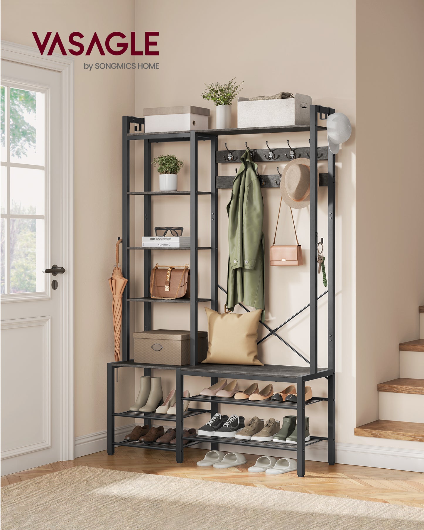 VASAGLE Hall Tree with Bench and Shoe Storage, Entryway Coat Rack with 5 Shelves and 15 Hooks 6 Side Hooks