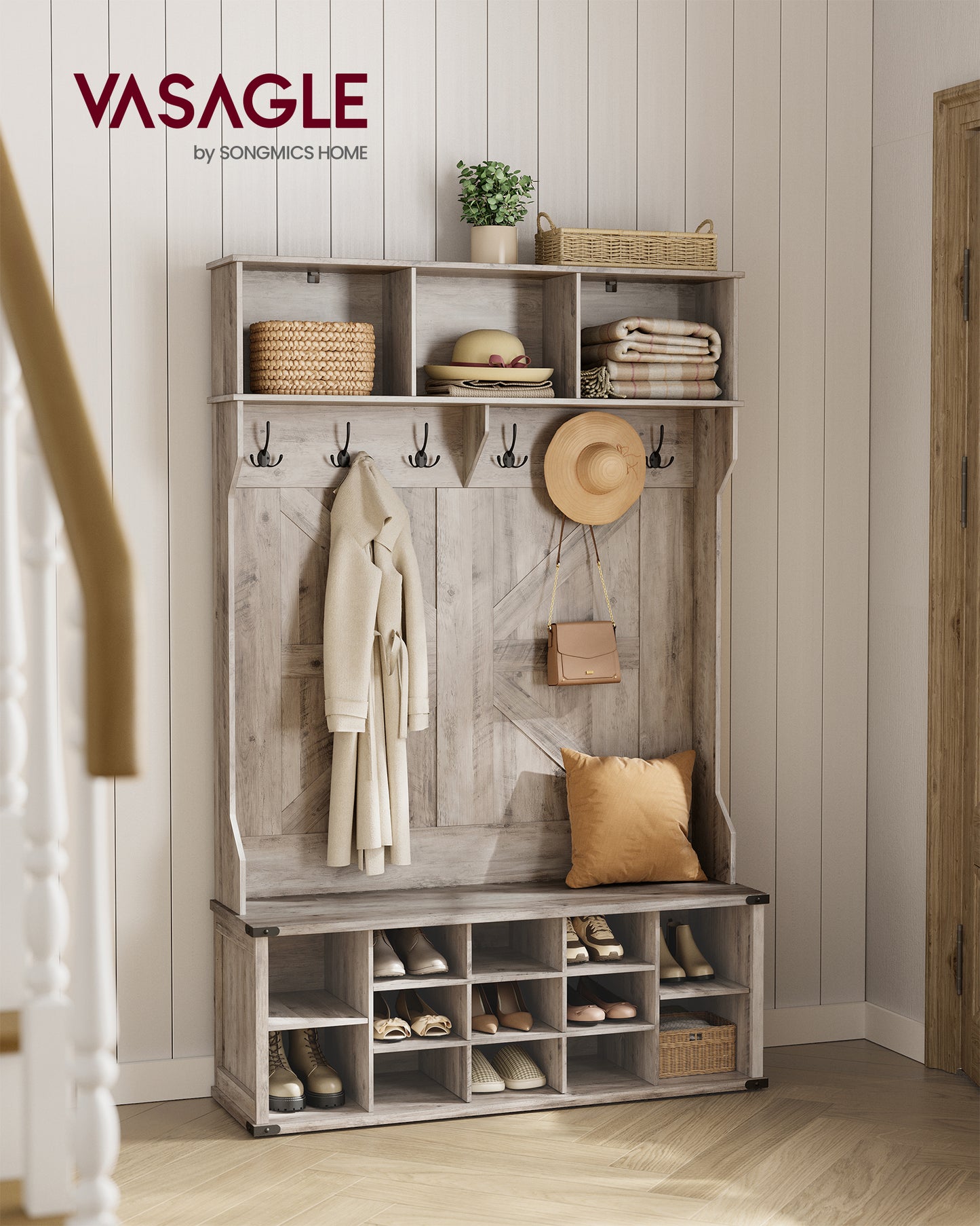 Farmhouse Style Hall Tree - Multipurpose Entryway Furniture. Features Bench, 16 Compartments for Shoe Storage, 6 Tri-Hooks. Heather Greige.