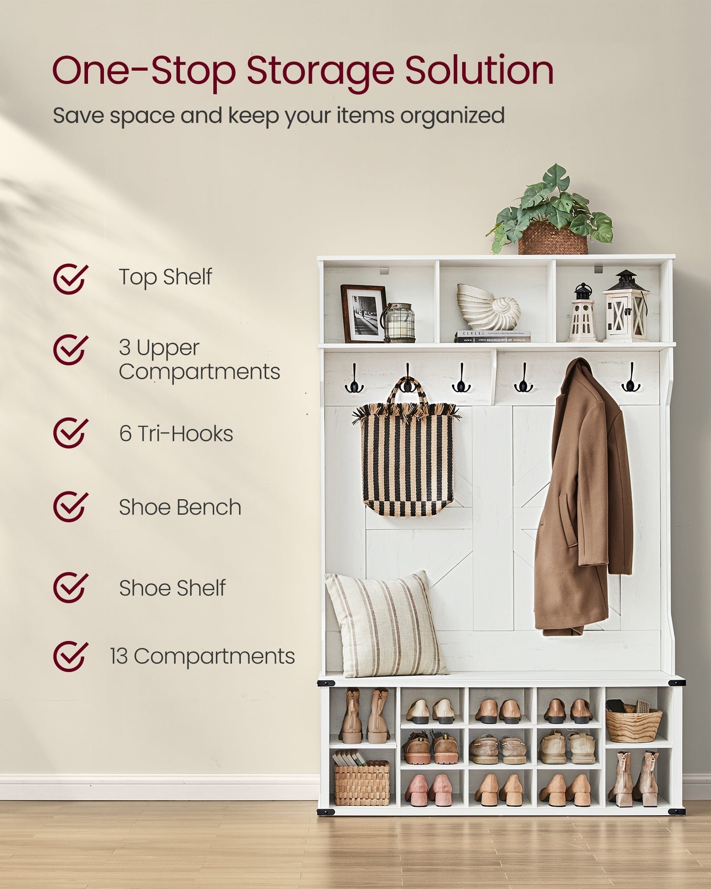 Hall Tree with Bench and Shoe Storage, Coat Rack with Shoe Bench, Entryway Furniture, 16 Open Compartments, 6 Tri-Hooks, Farmhouse Style, Space Saving, Rustic White