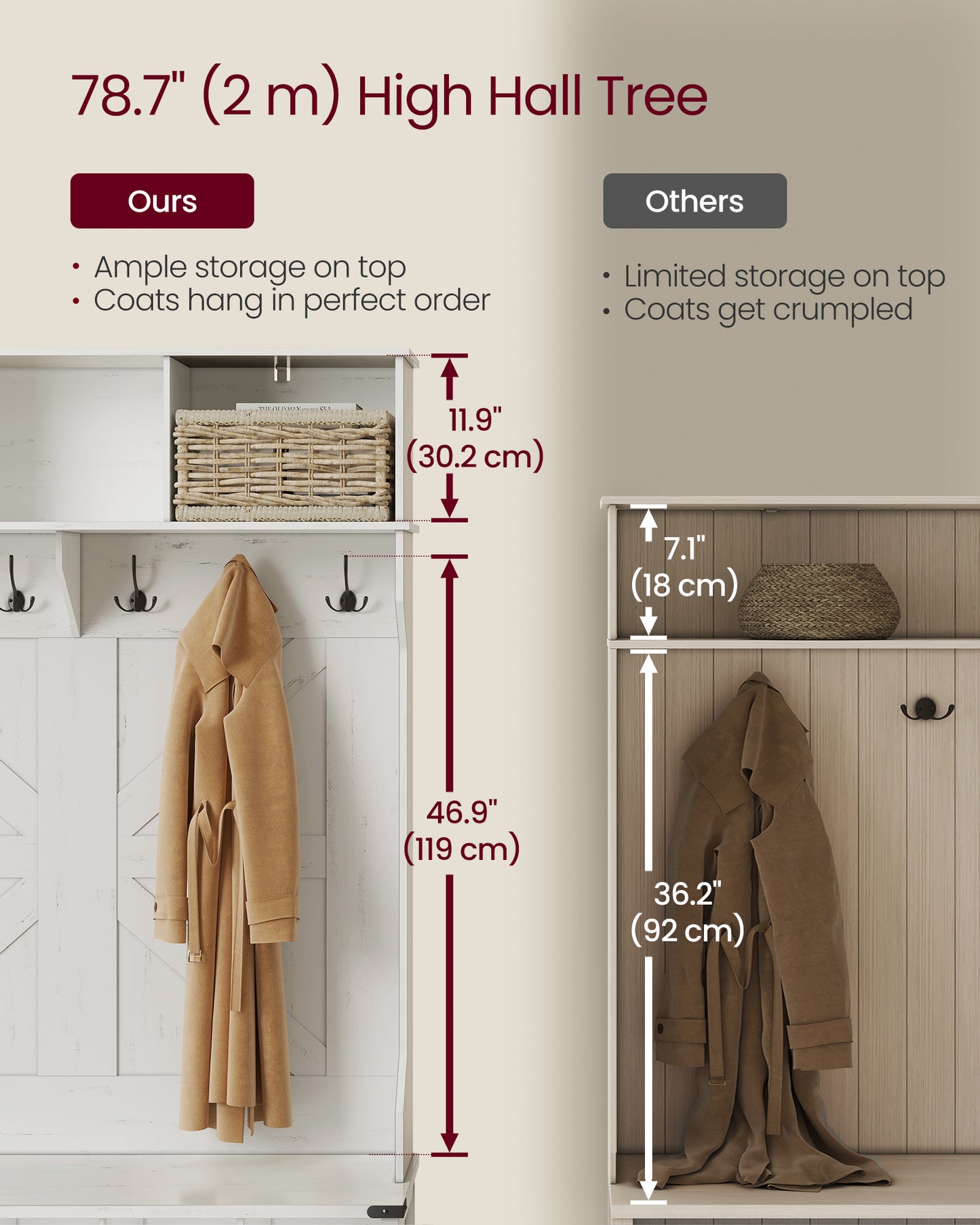 Hall Tree with Bench and Shoe Storage, Coat Rack with Shoe Bench, Entryway Furniture, 16 Open Compartments, 6 Tri-Hooks, Farmhouse Style, Space Saving, Rustic White