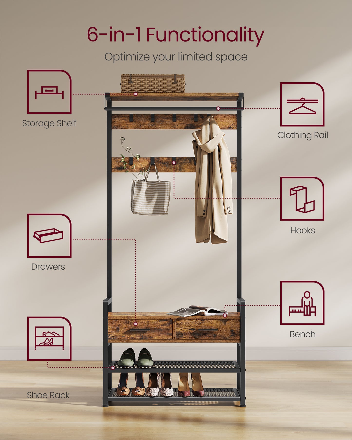 Hall Tree with Bench and Shoe Storage, Entryway Coat Rack with Shoe Bench, 2 Fabric Drawers, 10 Hooks, 11.8 x 31.7 x 71.5 Inches, Vintage Brown and Ink Black