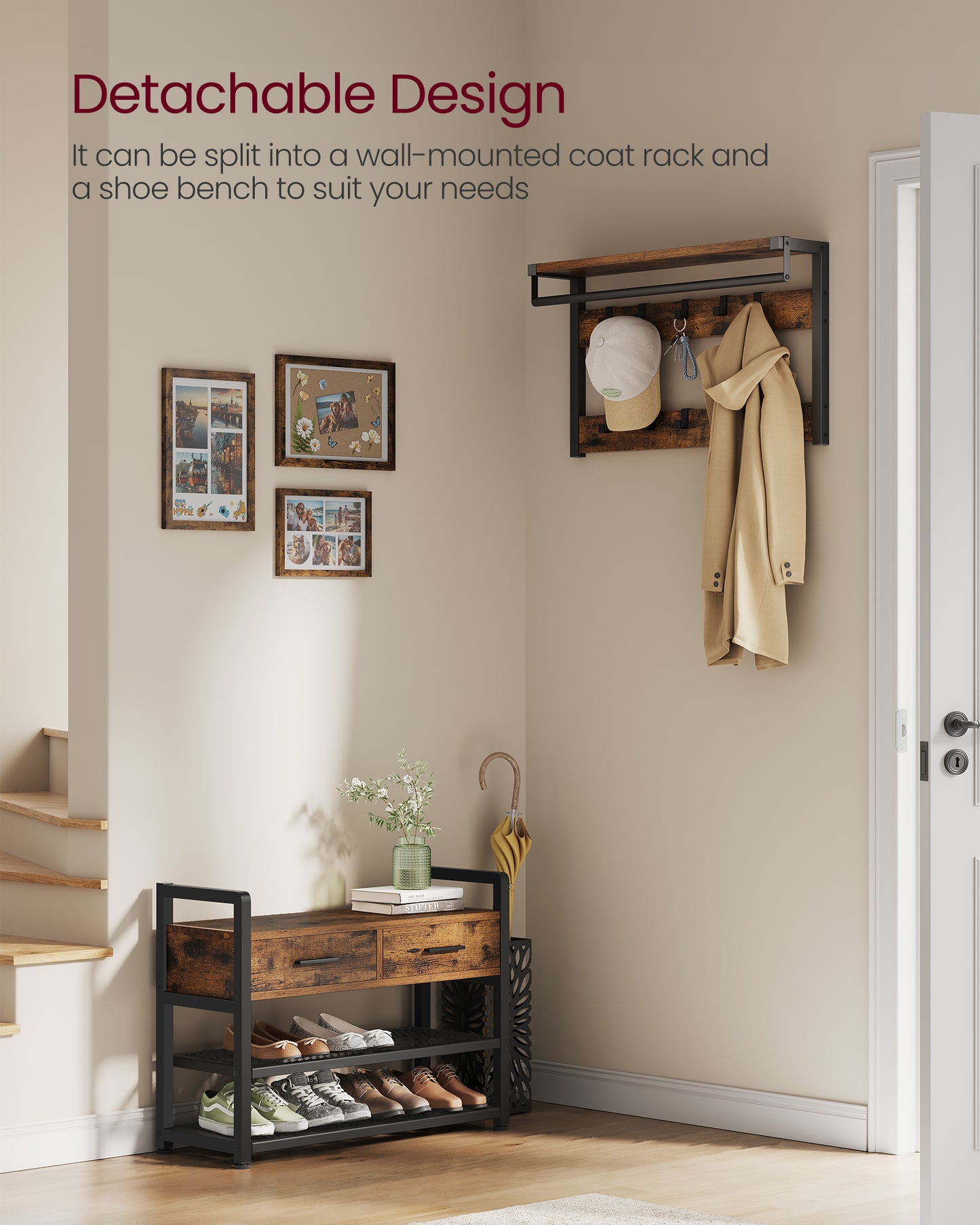Hall Tree with Bench and Shoe Storage, Entryway Coat Rack with Shoe Bench, 2 Fabric Drawers, 10 Hooks, 11.8 x 31.7 x 71.5 Inches, Vintage Brown and Ink Black