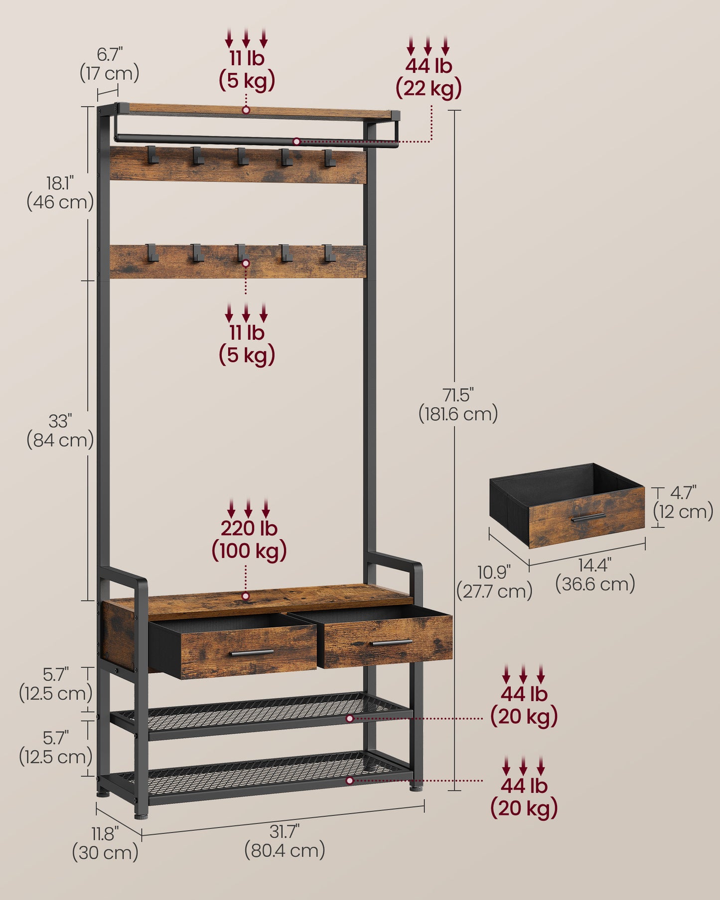 Hall Tree with Bench and Shoe Storage, Entryway Coat Rack with Shoe Bench, 2 Fabric Drawers, 10 Hooks, 11.8 x 31.7 x 71.5 Inches, Vintage Brown and Ink Black