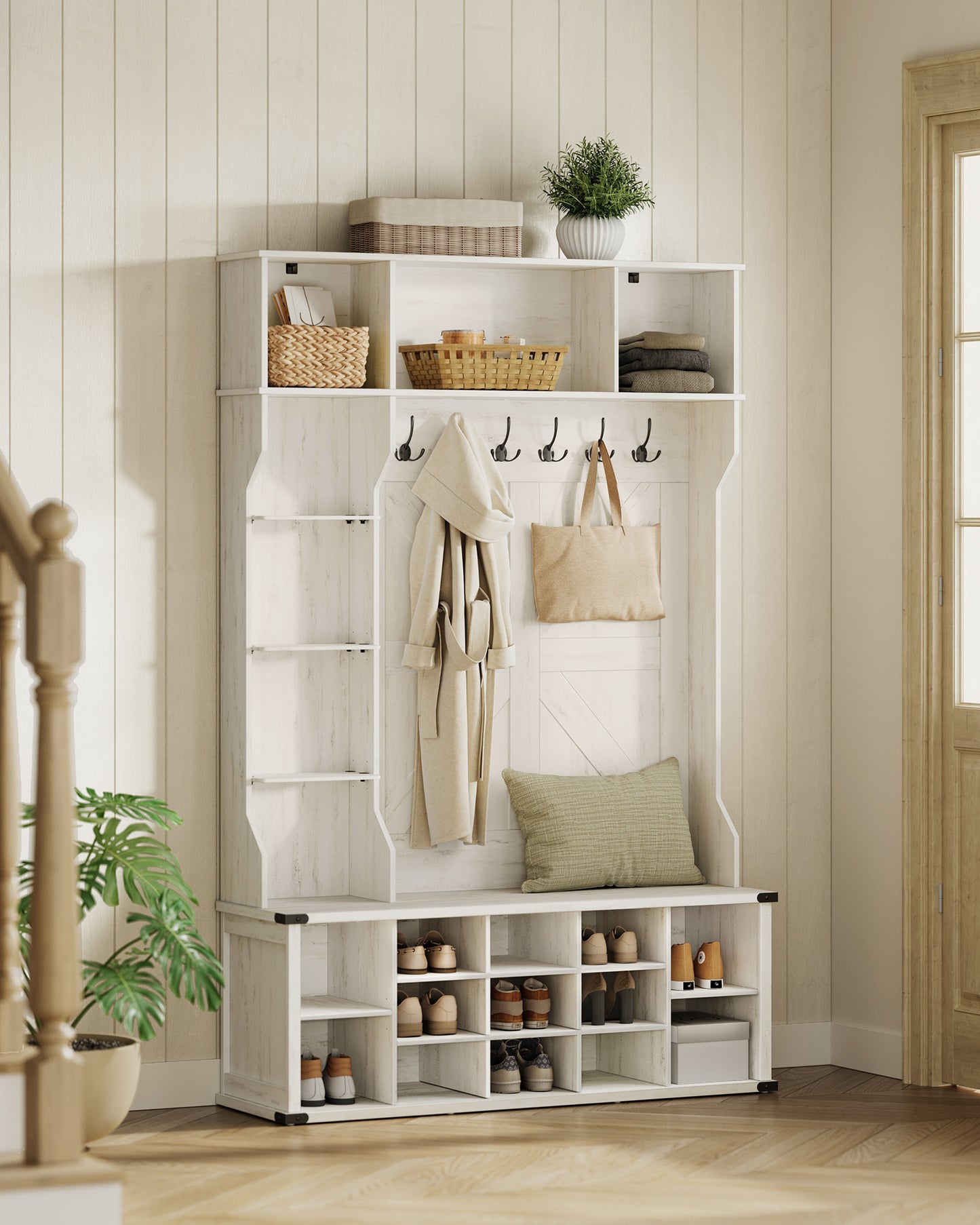 Hall Tree with Bench and Shoe Storage, Coat Rack with Shoe Bench, Entryway Furniture, 20 Open Compartments, 6 Tri-Hooks, Farmfouse Style, Space Saving, Rustic White
